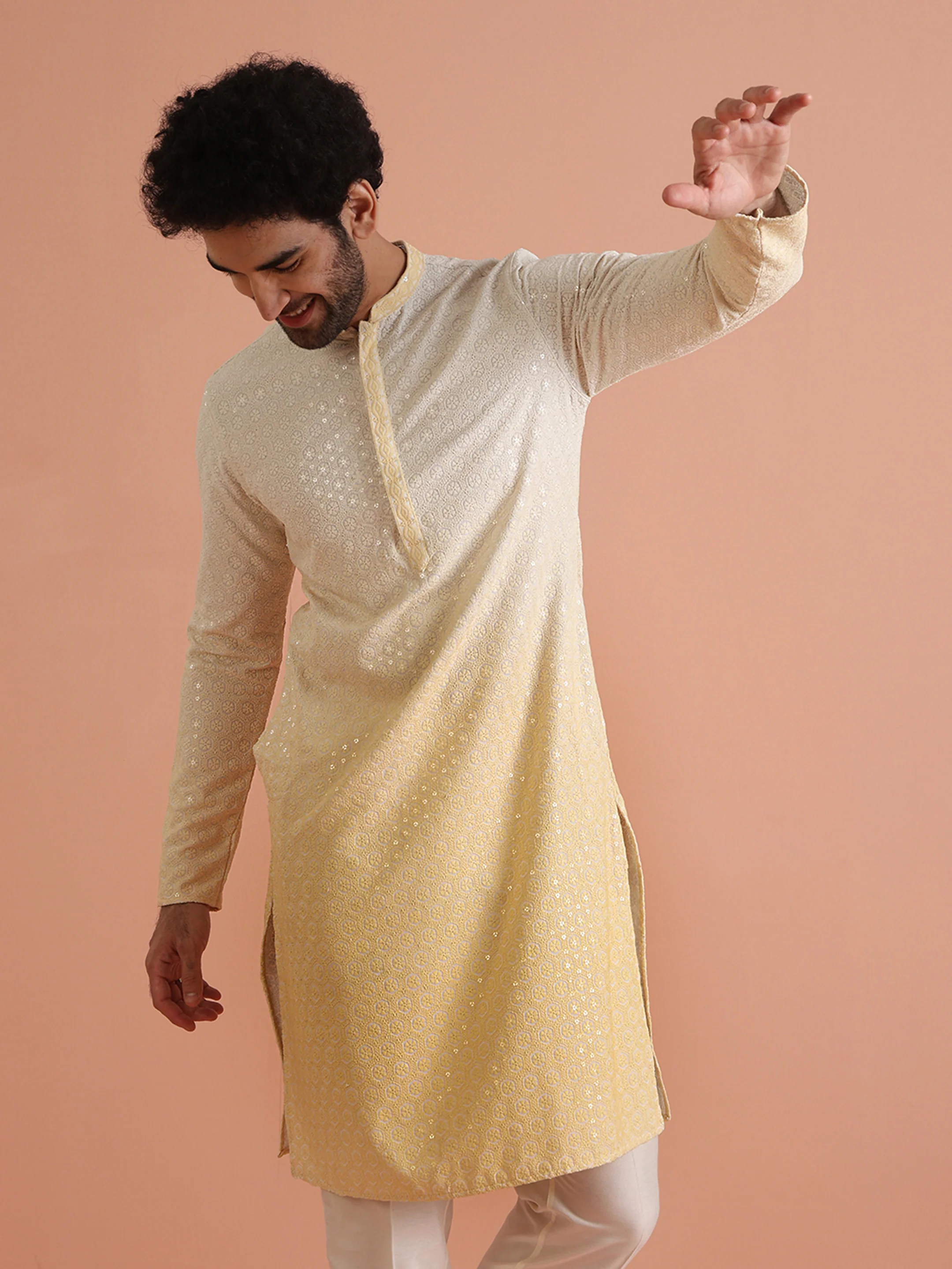Cream Yellow Ombre Kurta with White Trouser - Image 8