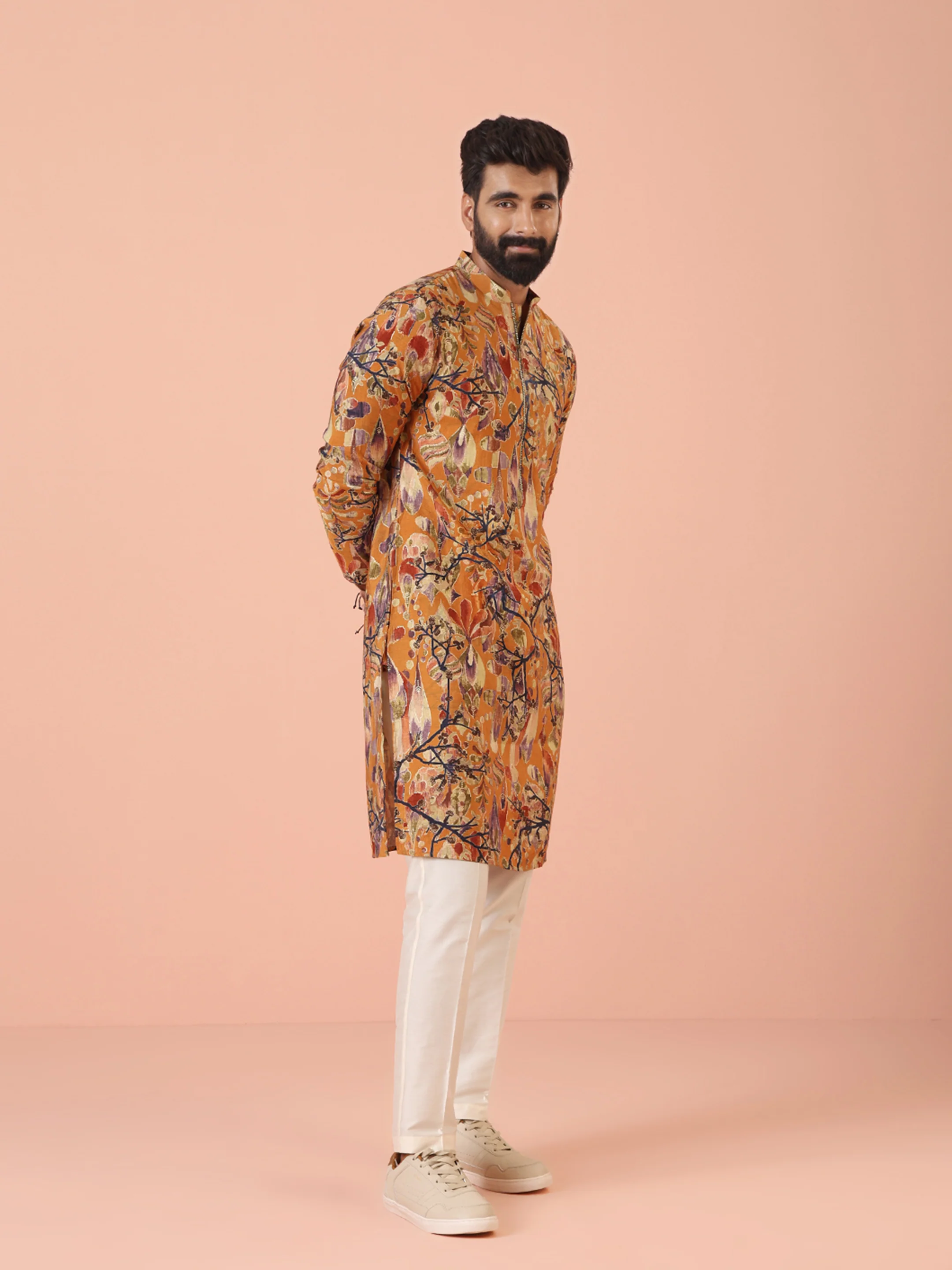 Orange Printed Silk Blend Long Kurta - Image 3