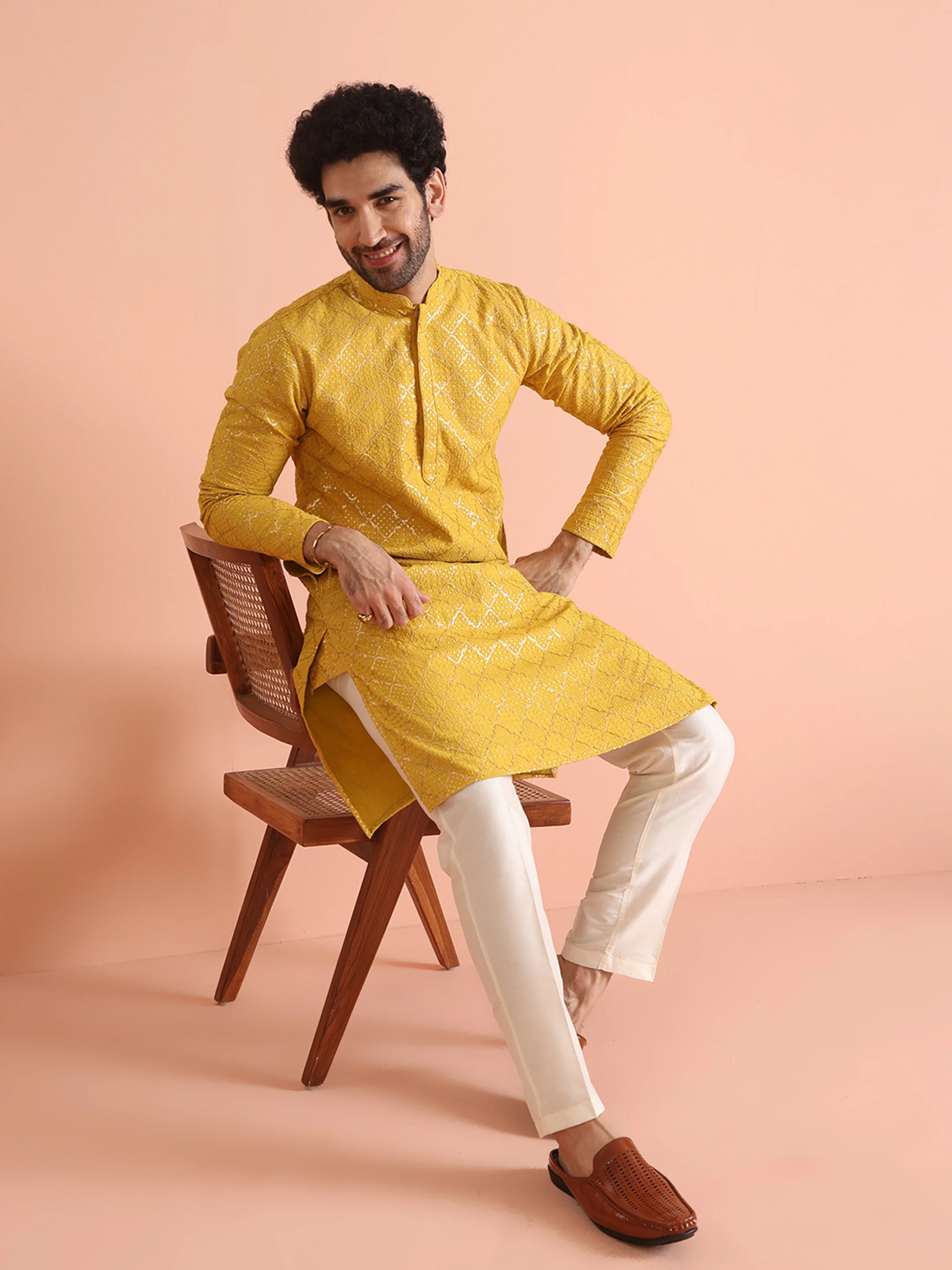 Yellow Sequin Embroidered Kurta - Image 7
