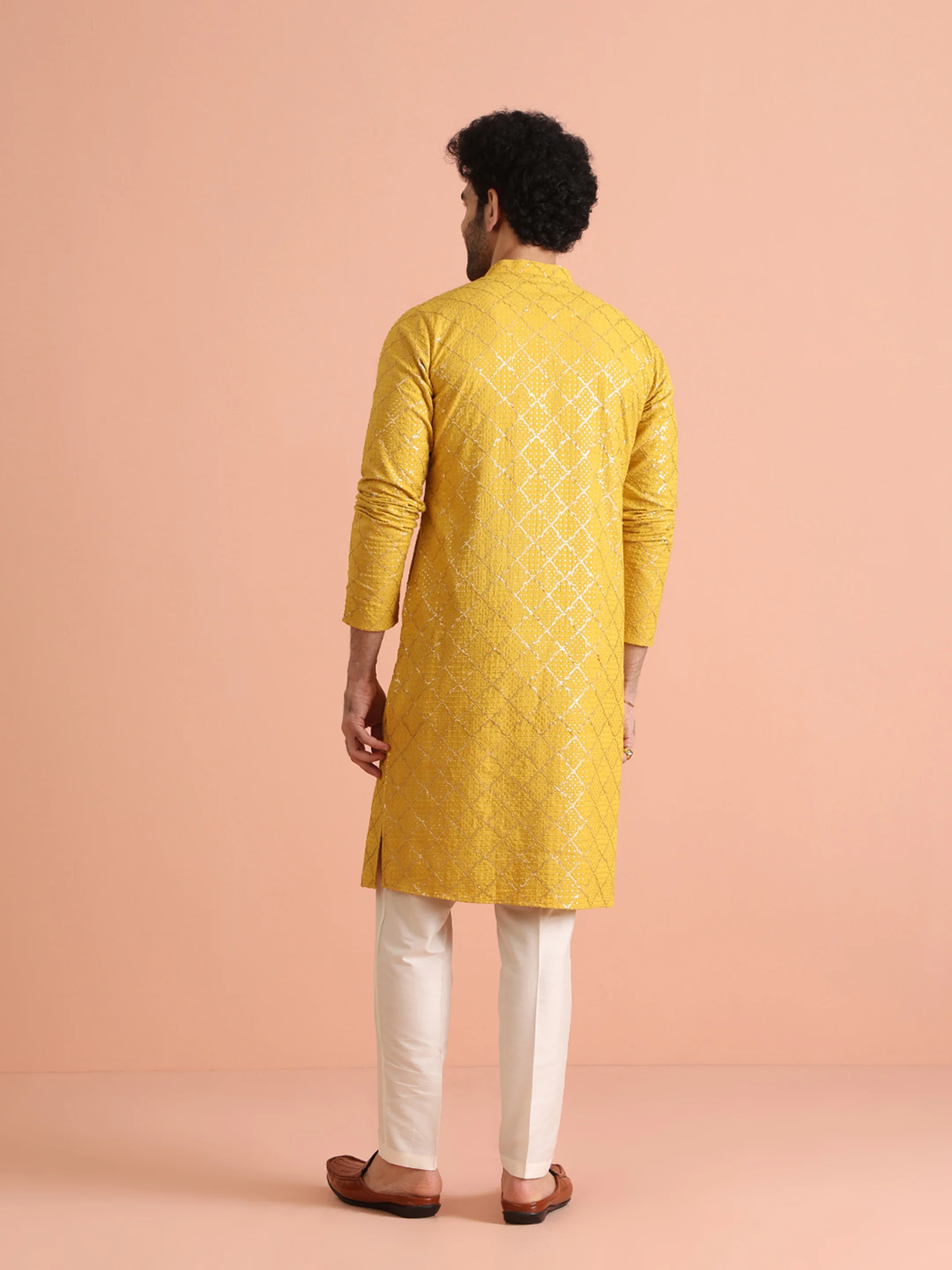 Men Yellow Sequinned Kurta Trouser Set - Image 5