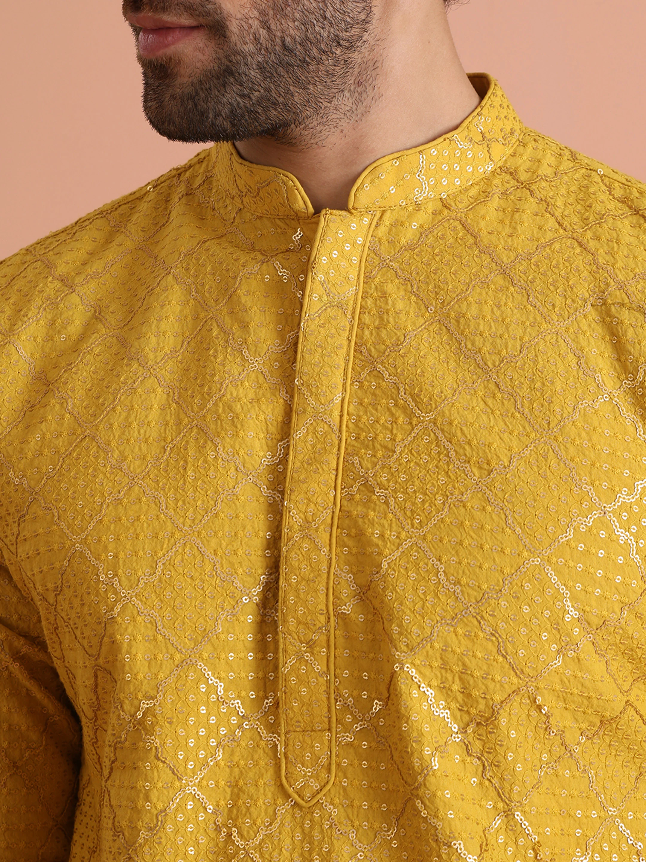 Men Yellow Sequinned Kurta Trouser Set - Image 6