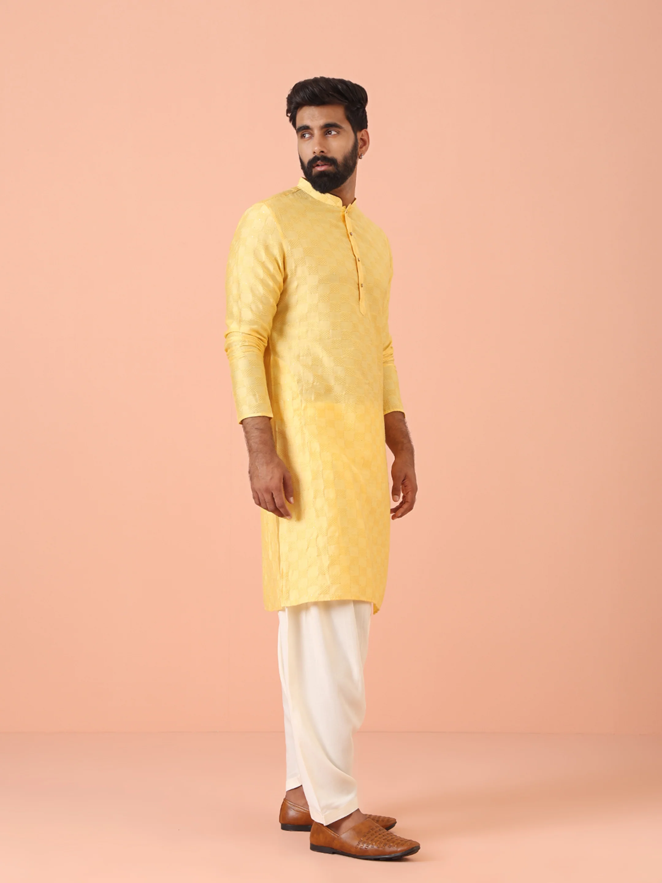 Yellow Silk Blend Textured Long Kurta - Image 3