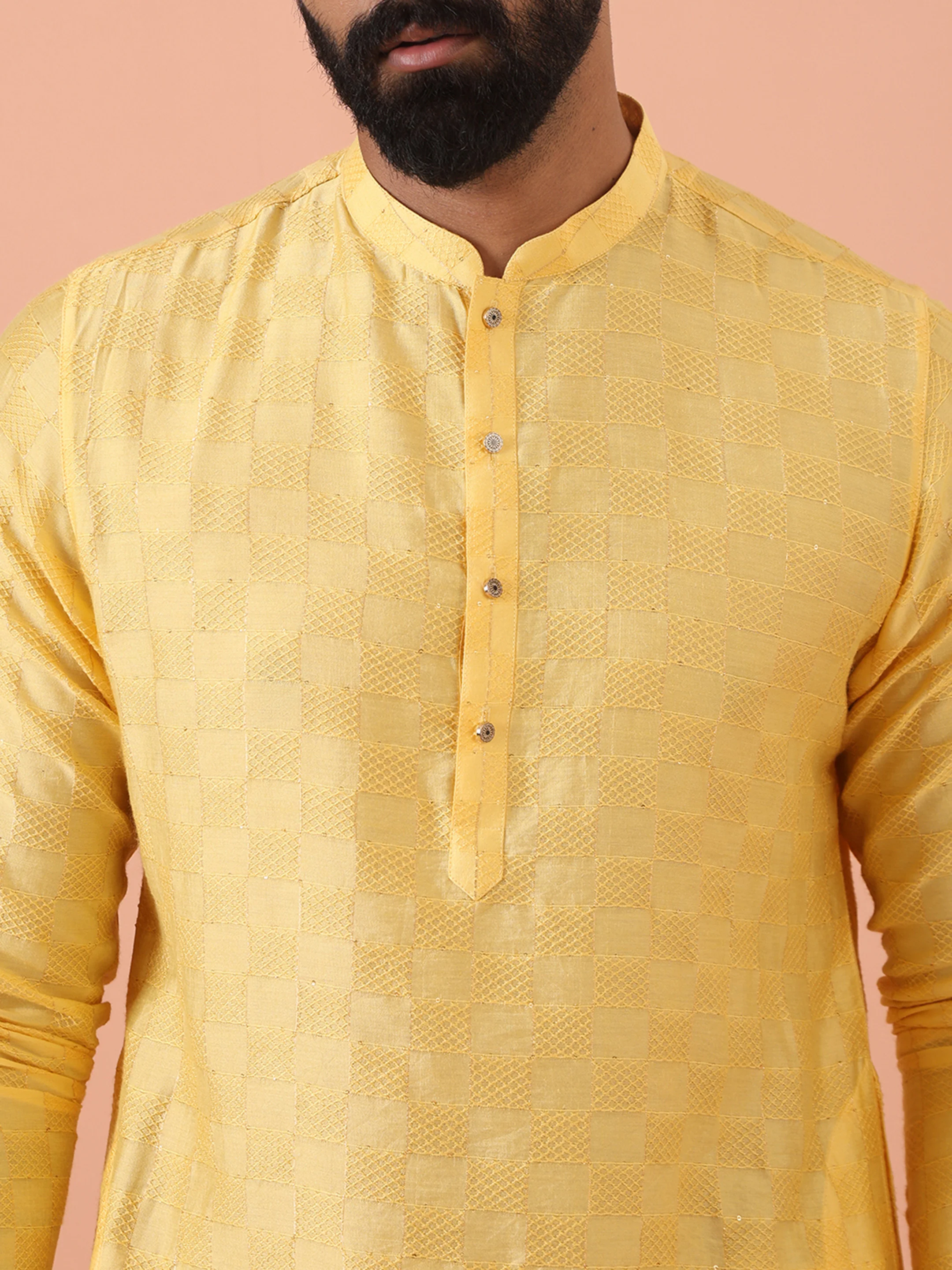 Yellow Silk Blend Textured Long Kurta - Image 5
