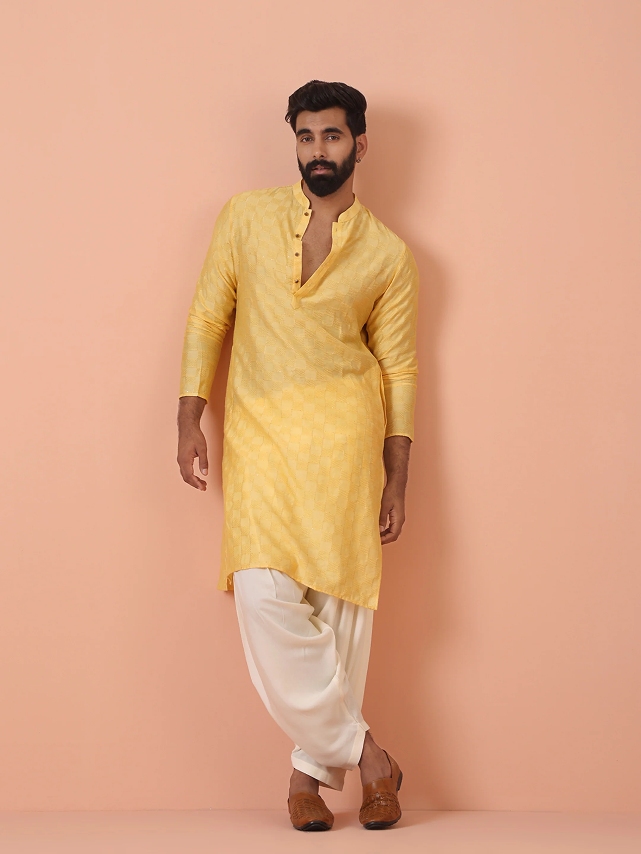 Yellow Silk Blend Textured Long Kurta - Image 6