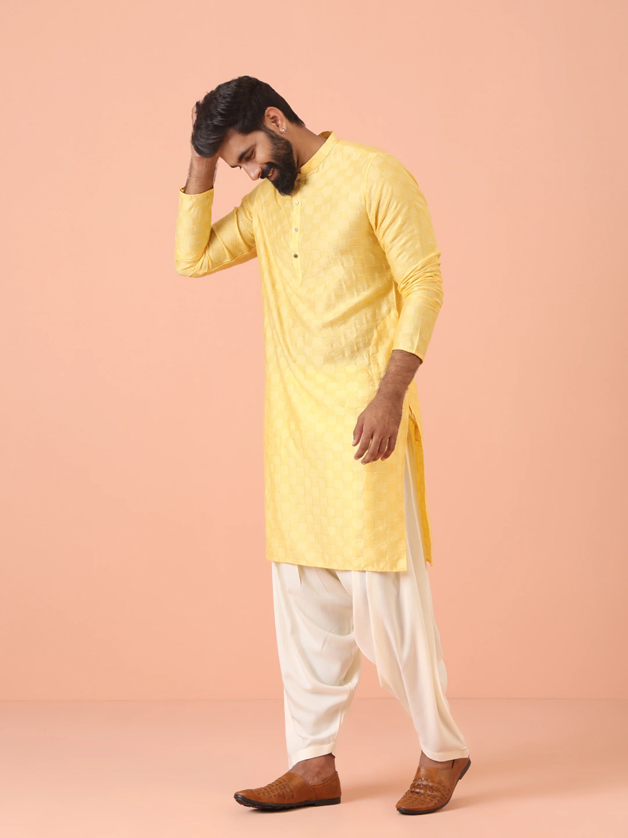 Yellow Jacquard Kurta with White Patiala - Image 4