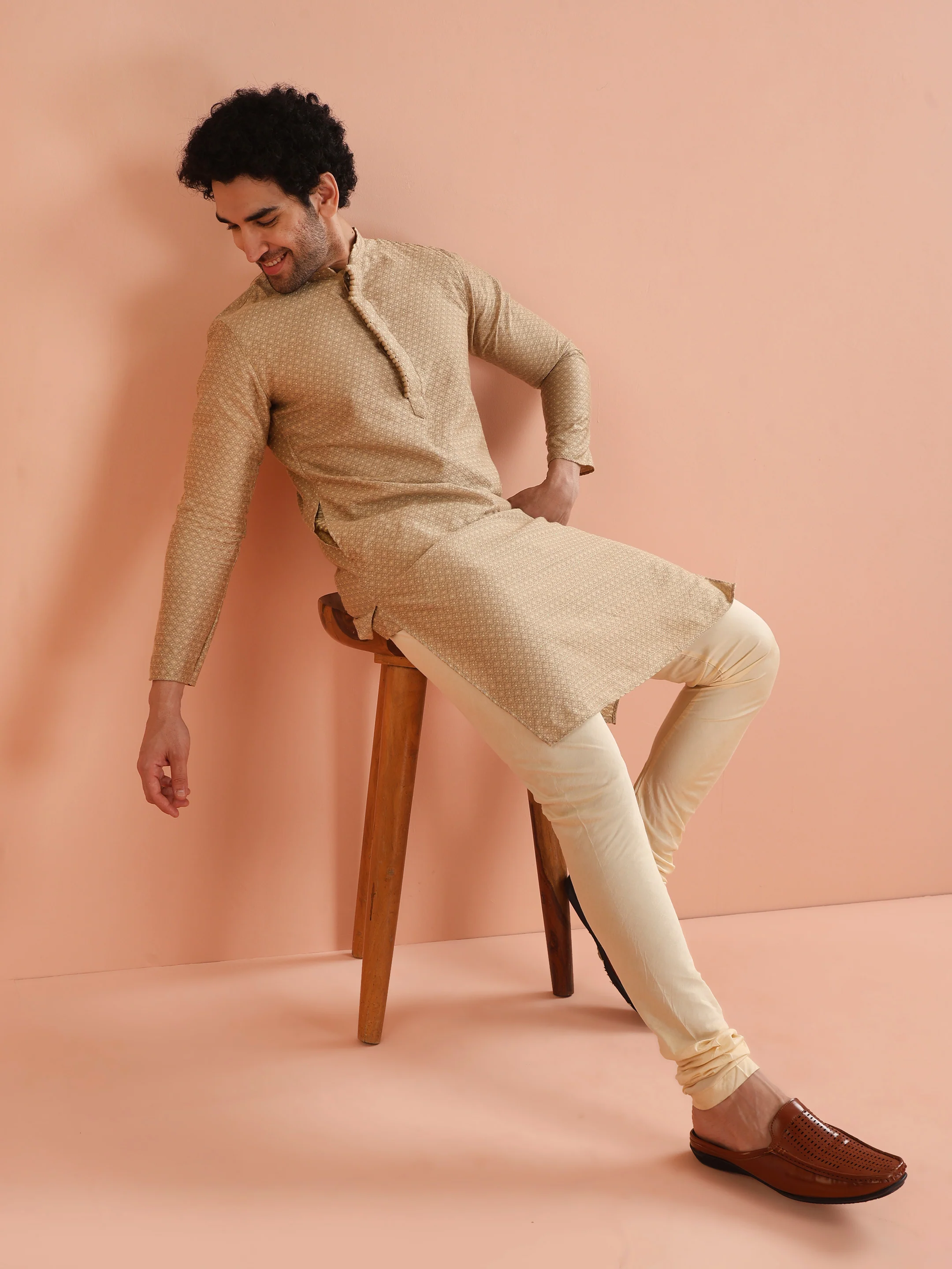 Beige Silk Blend Textured Kurta Cream Churidar