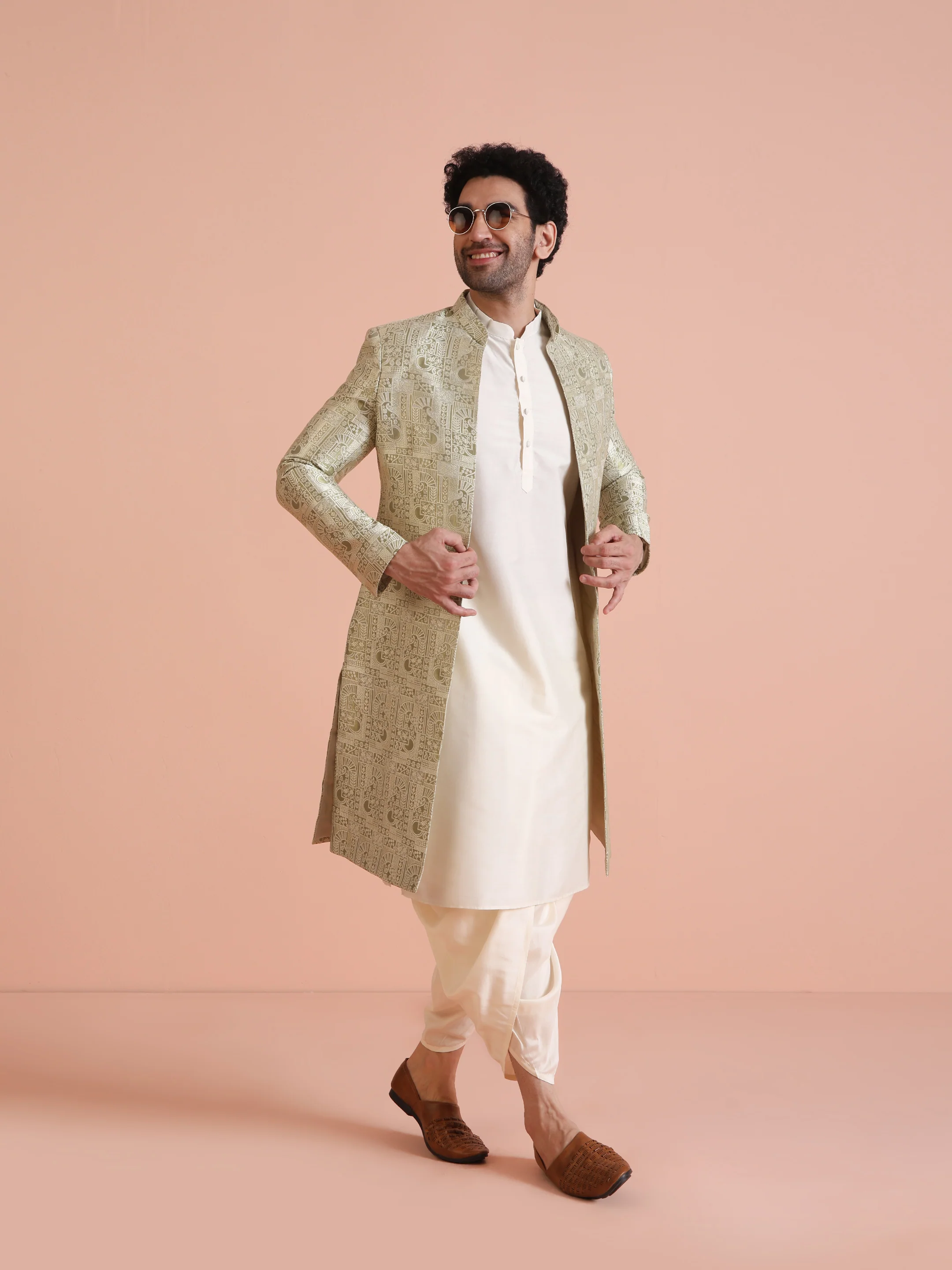 Men's Beige Kurta Indowestern Dhoti Set