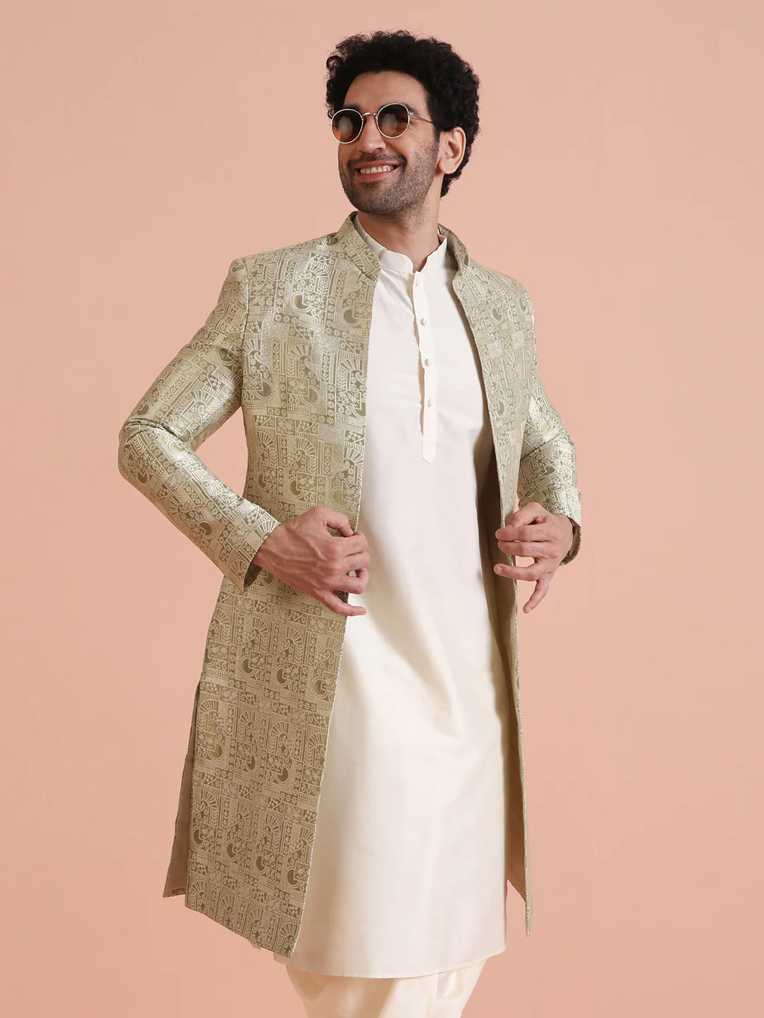 Men's Beige Kurta Indowestern Dhoti Set - Image 10
