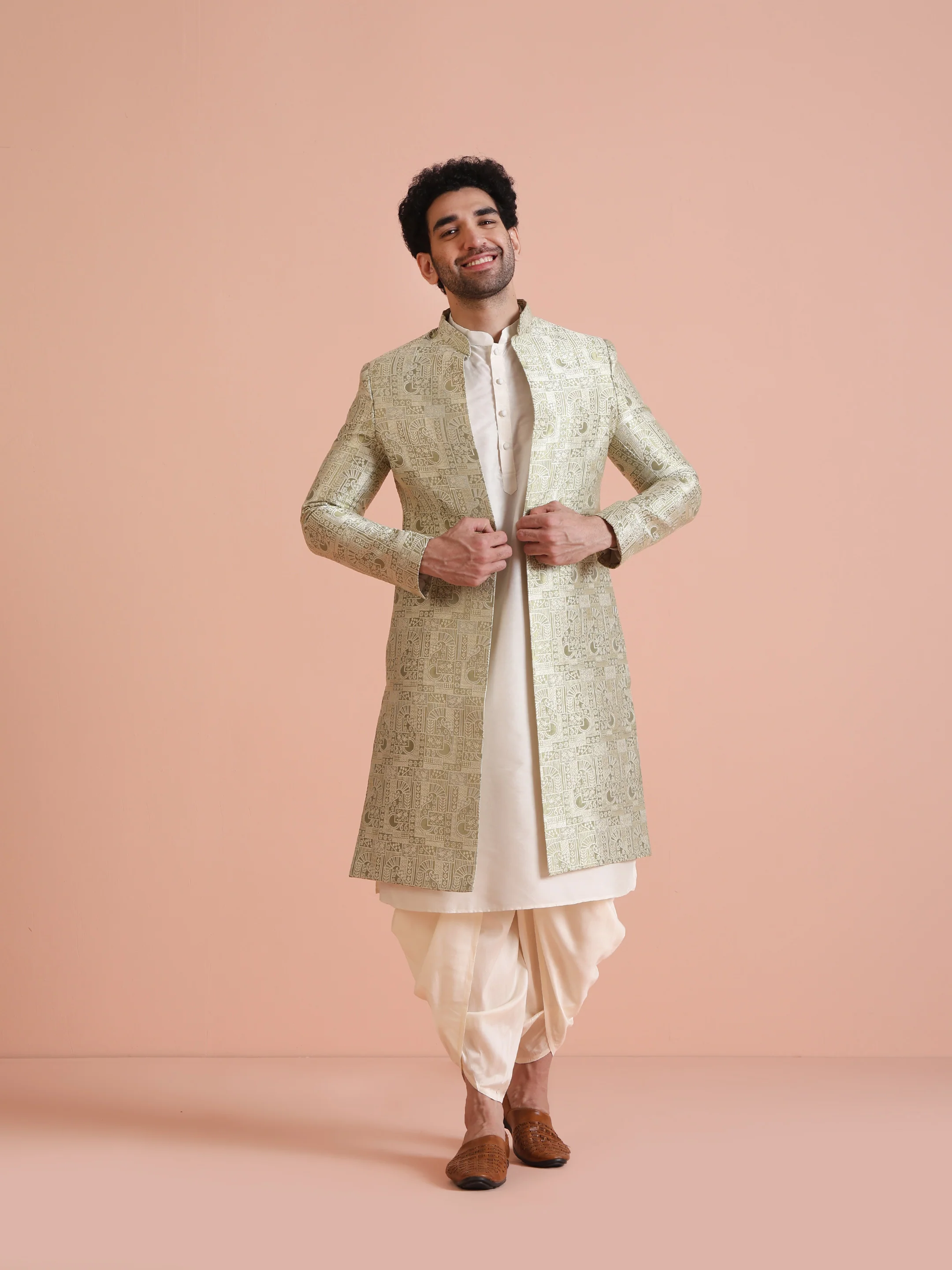 Men's Beige Kurta Indowestern Dhoti Set - Image 8