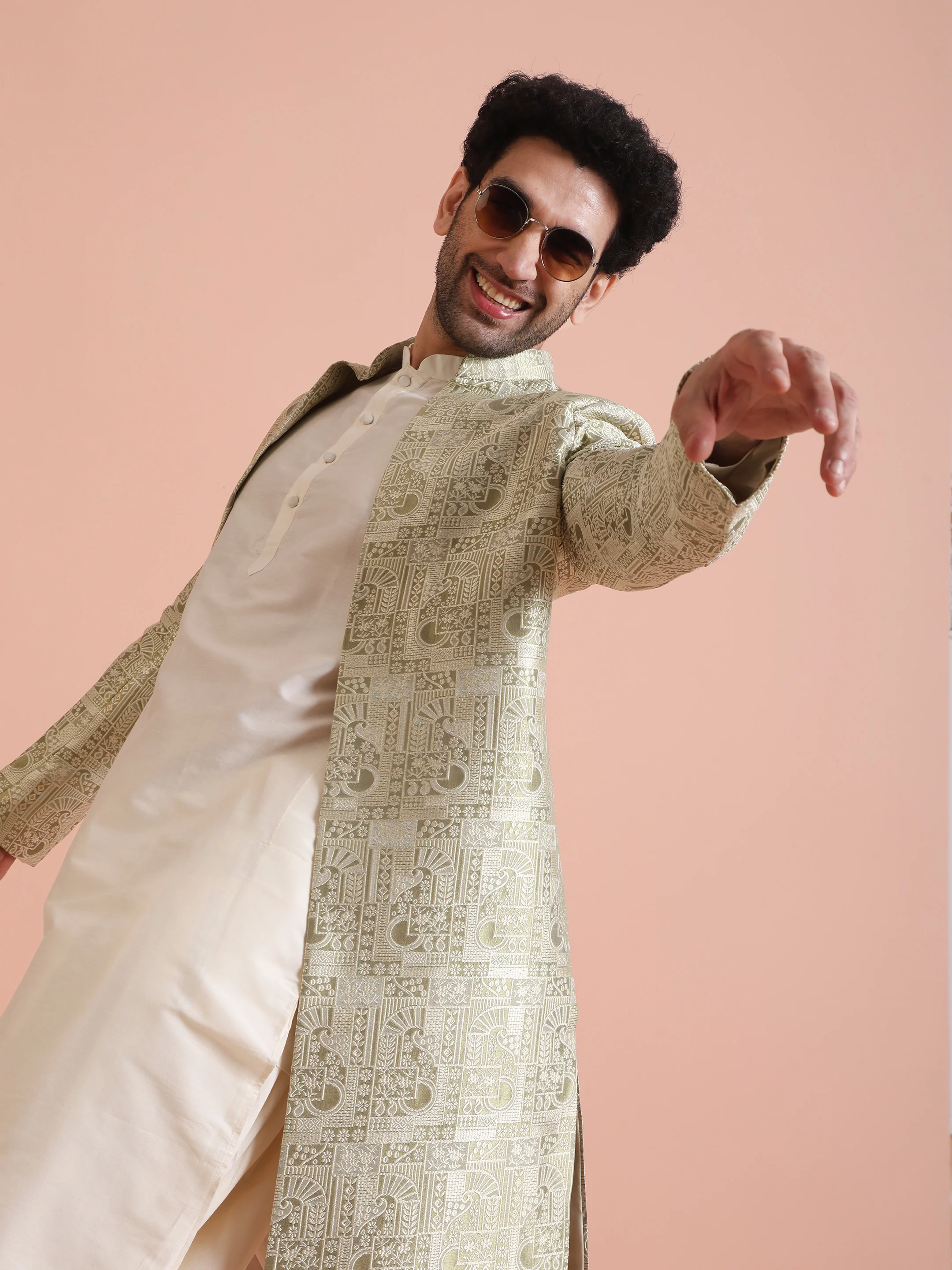 Men's Beige Kurta Indowestern Dhoti Set - Image 9