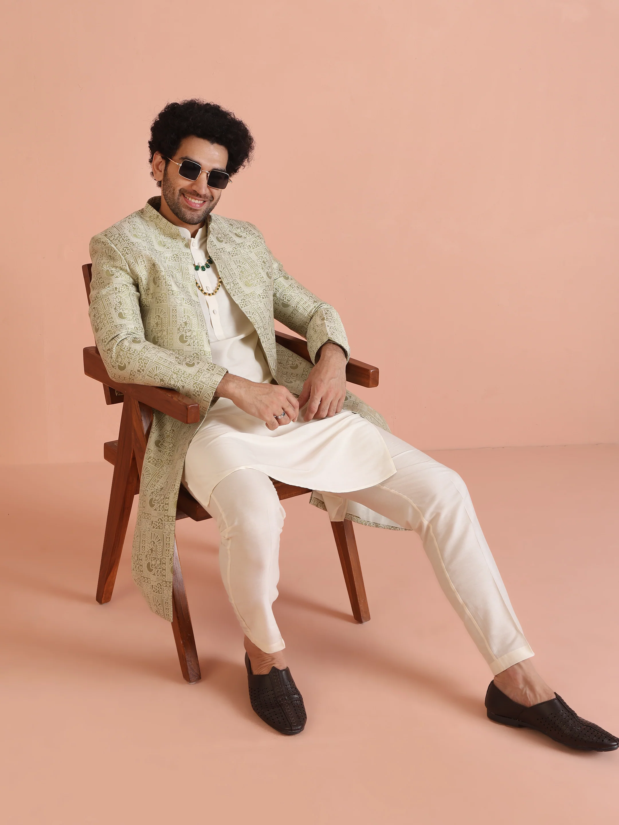 Cream Silk Blend Kurta Sherwani Set with Jacquard Indo-Western Jacket and Trousers – Festive & Wedding Ensemble