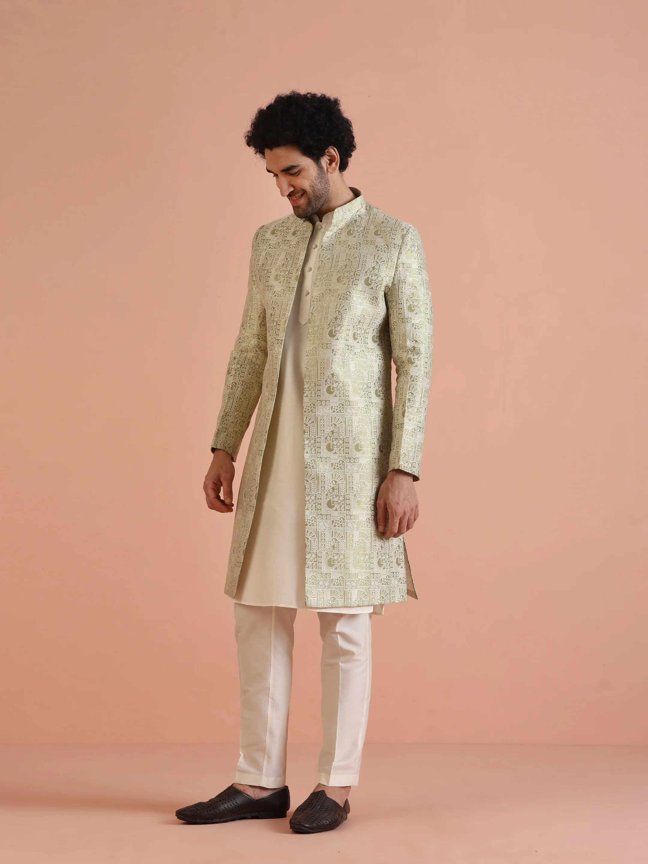 Cream Silk Blend Kurta Sherwani Set with Jacquard Indo-Western Jacket and Trousers – Festive & Wedding Ensemble - Image 3