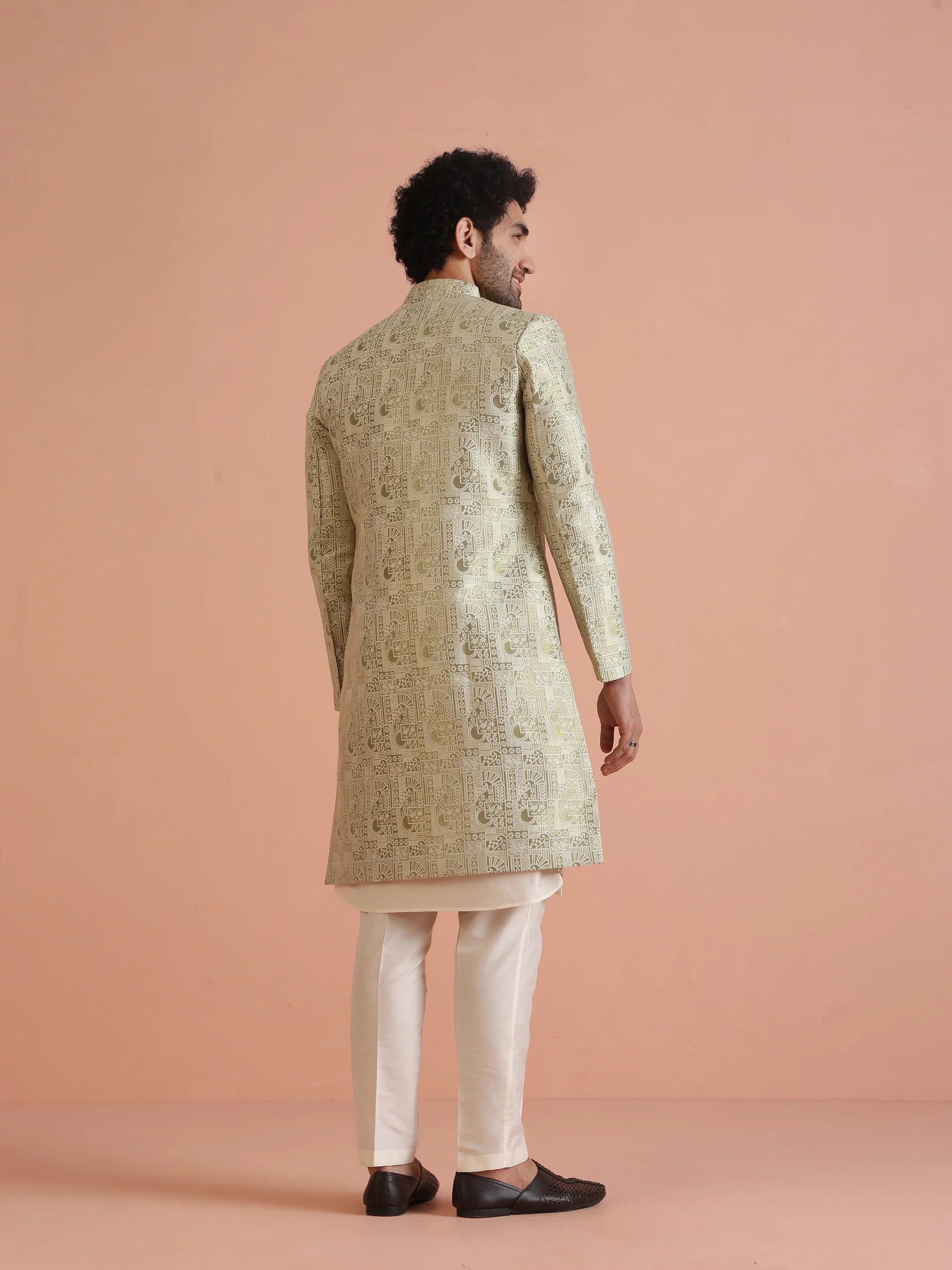 Cream Silk Blend Kurta Sherwani Set with Jacquard Indo-Western Jacket and Trousers – Festive & Wedding Ensemble - Image 4