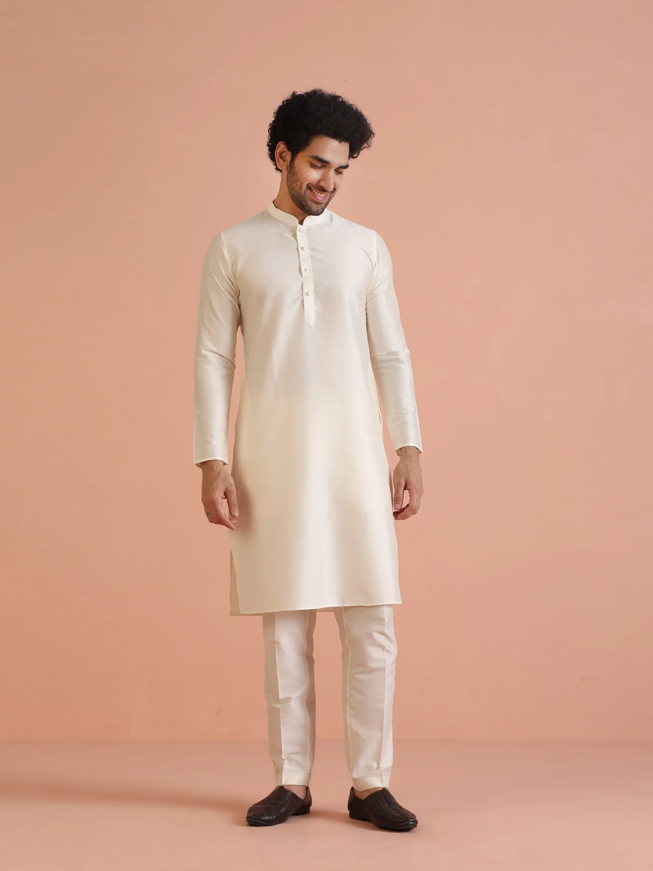 Cream Silk Blend Kurta Sherwani Set with Jacquard Indo-Western Jacket and Trousers – Festive & Wedding Ensemble - Image 6