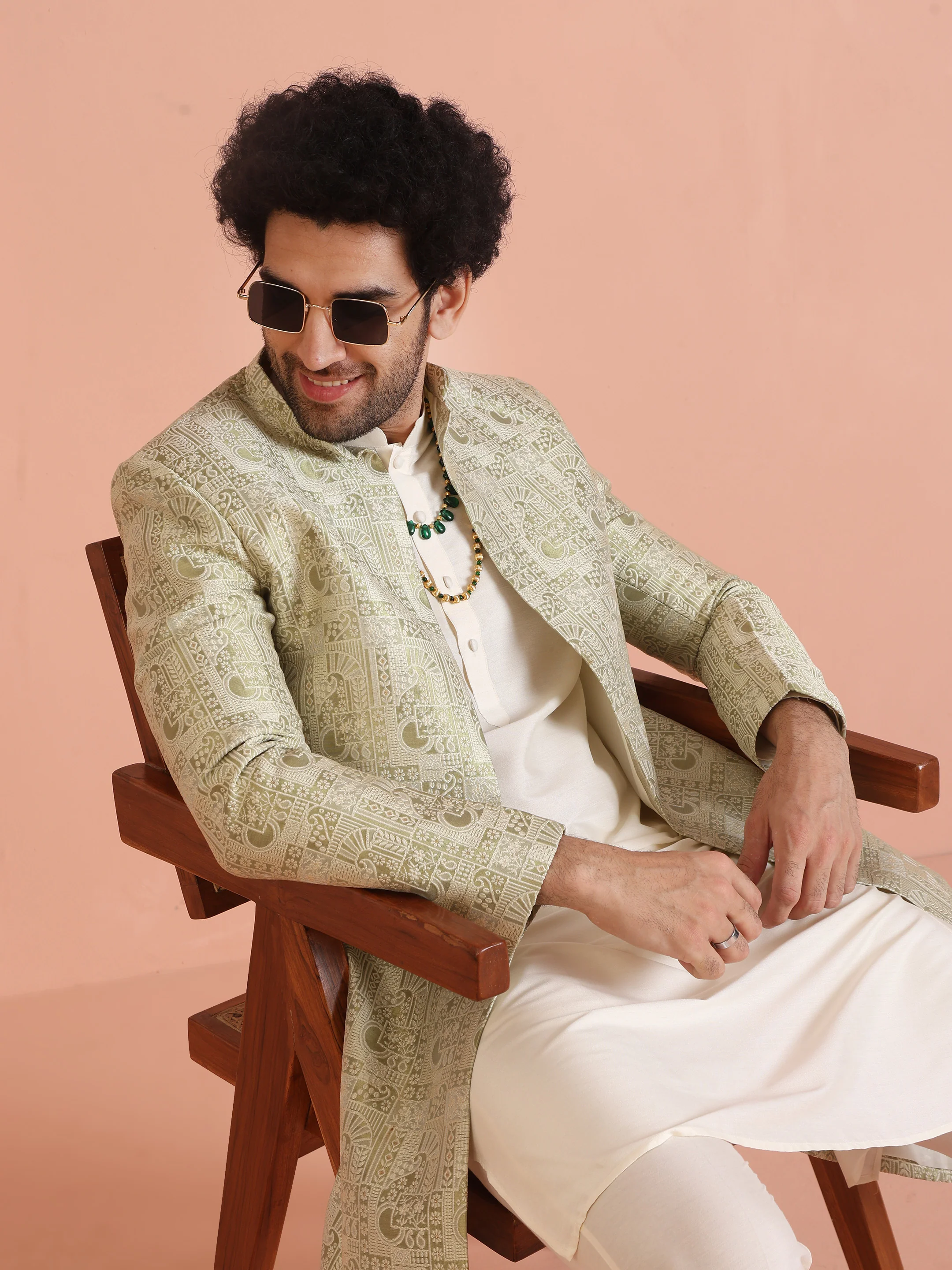 Cream Silk Blend Kurta Sherwani Set with Jacquard Indo-Western Jacket and Trousers – Festive & Wedding Ensemble - Image 7