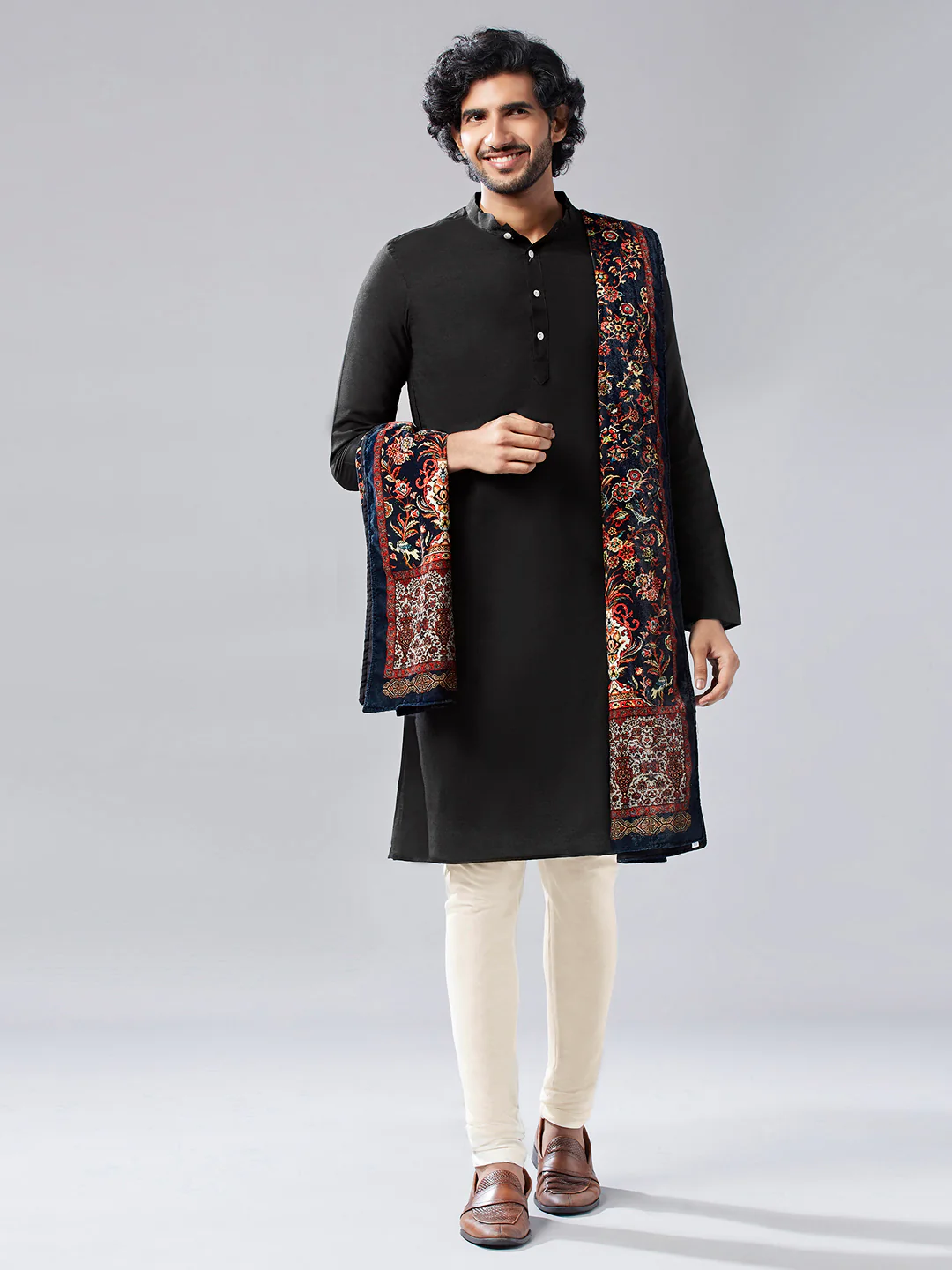 Black Silk Blend Kurta Churidar with Embroidered Dupatta