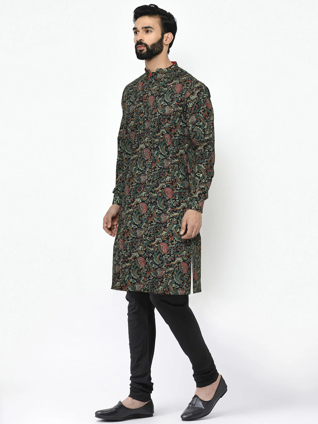 Black Printed Cotton Silk Kurta Churidar Set - Image 3