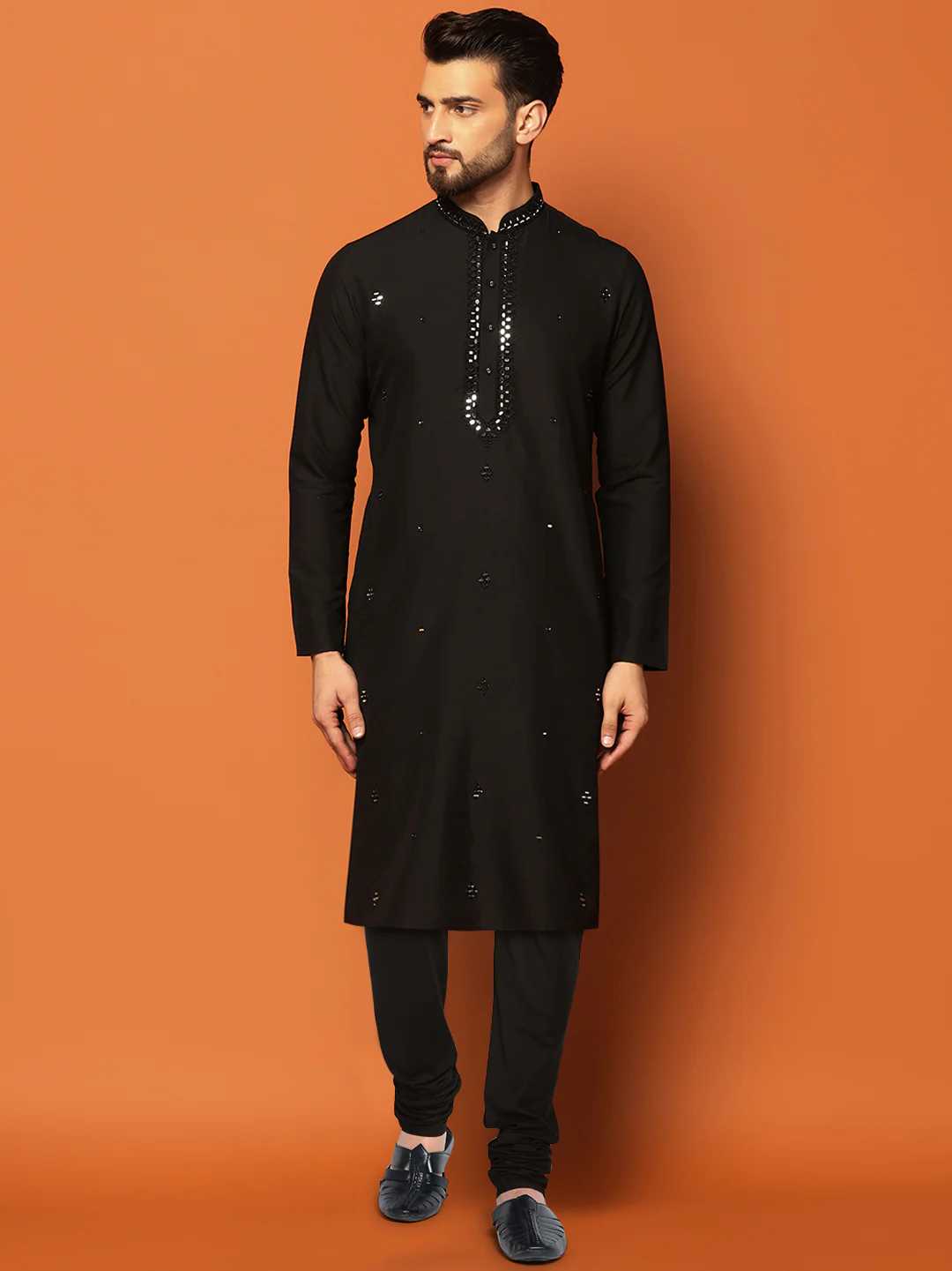 Men Black Mirror Work Elegant Festive Kurta Churidar Set - Image 2
