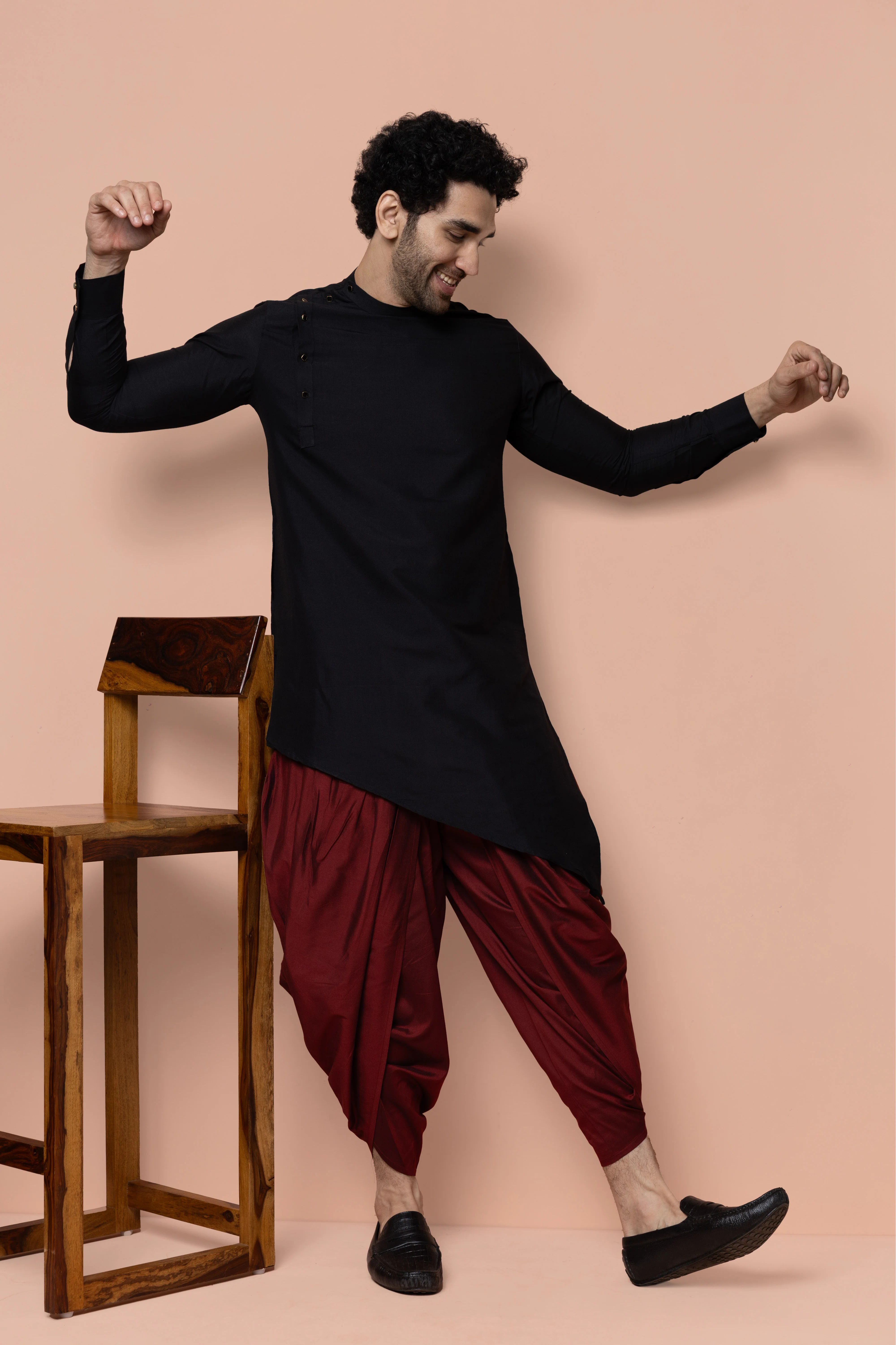 Men Black Solid Asymmetrical Kurta Dhoti Set