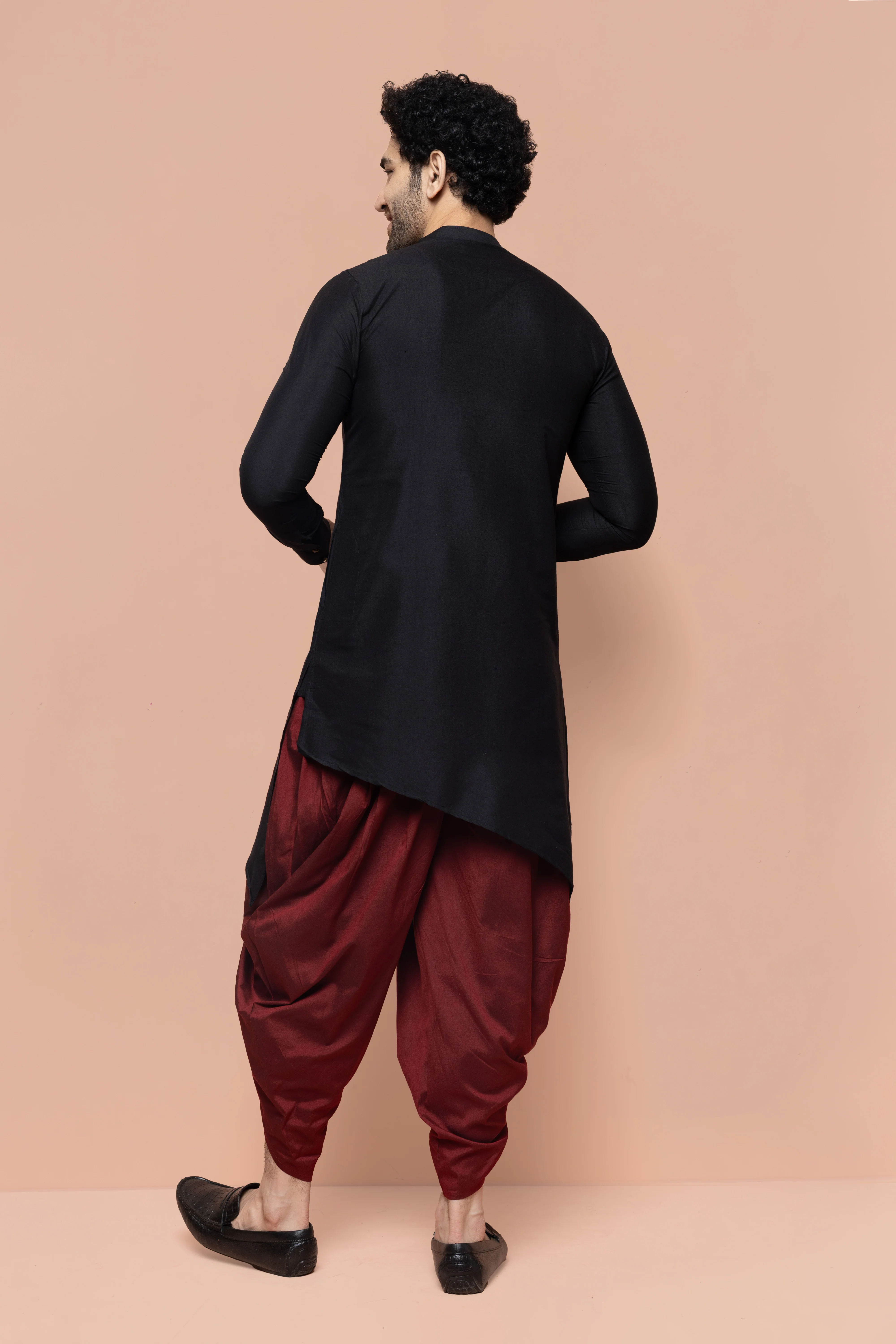 Men Black Solid Asymmetrical Kurta Dhoti Set - Image 5