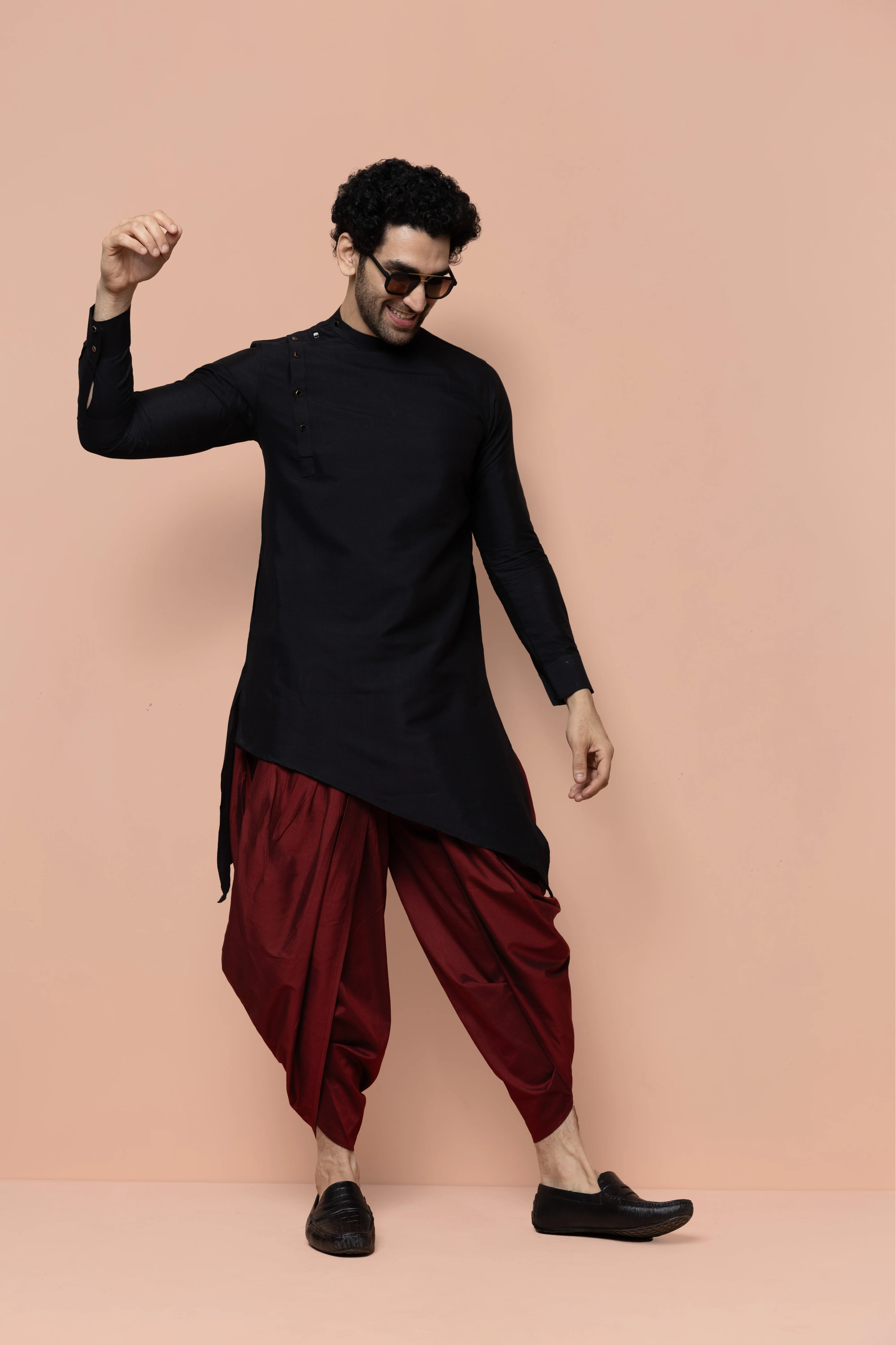 Men Black Solid Asymmetrical Kurta Dhoti Set - Image 7