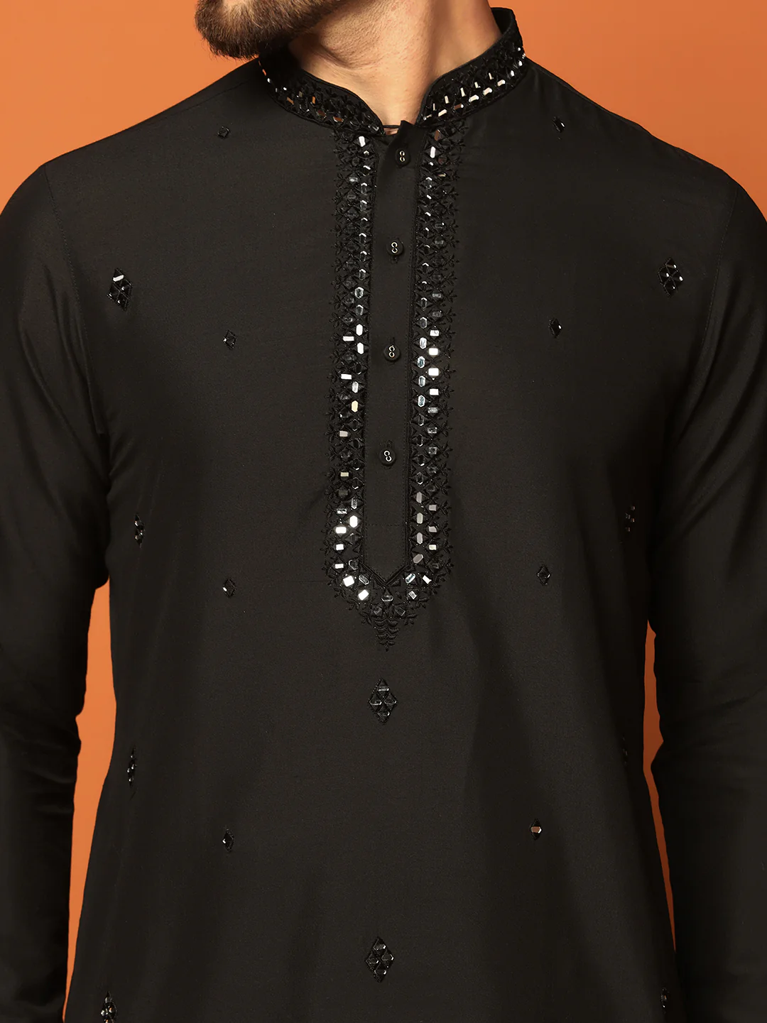 Men Black Embellished Mirror Work Kurta Dhoti Set - Image 5