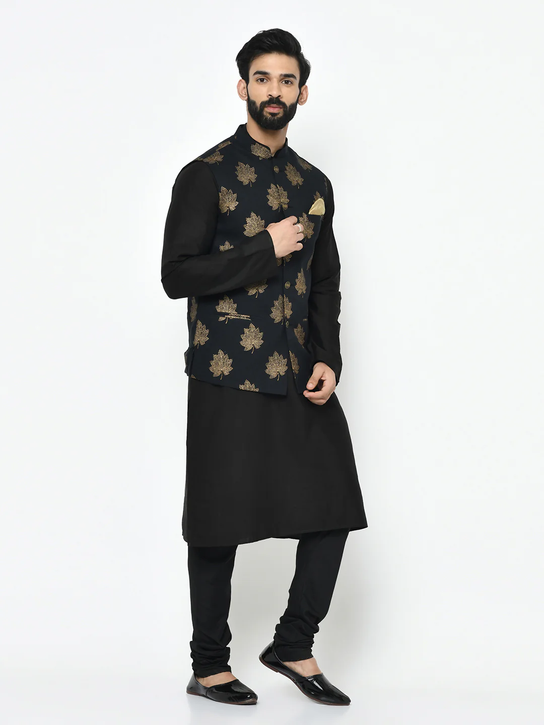 Black Printed Jacket Kurta Churidar Set - Image 2