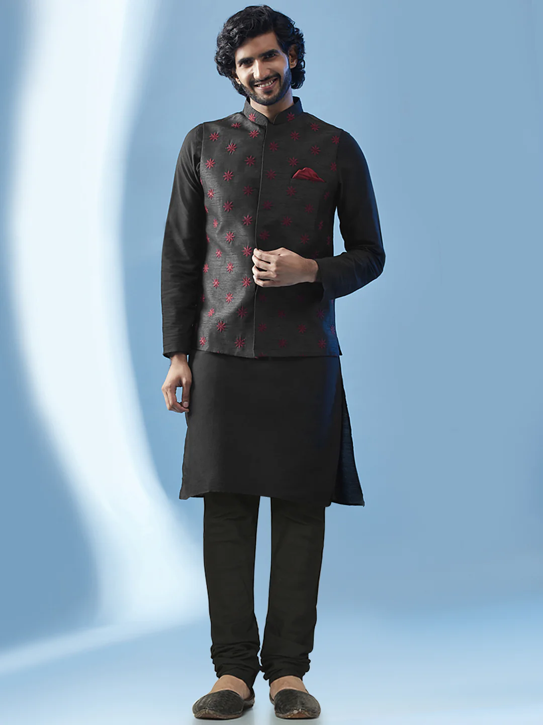 Men's Black Kurta Jacket Churidar Set