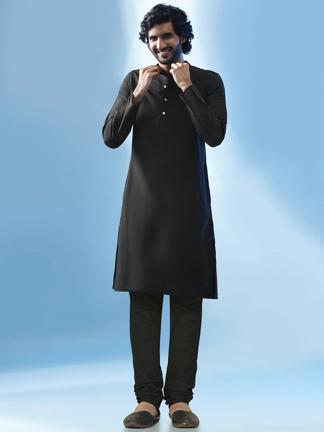 Men's Black Kurta Jacket Churidar Set - Image 5