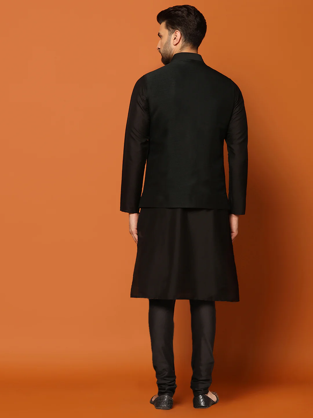 Black Cotton Embroidered Nehru Jacket Kurta Churidar - Image 4