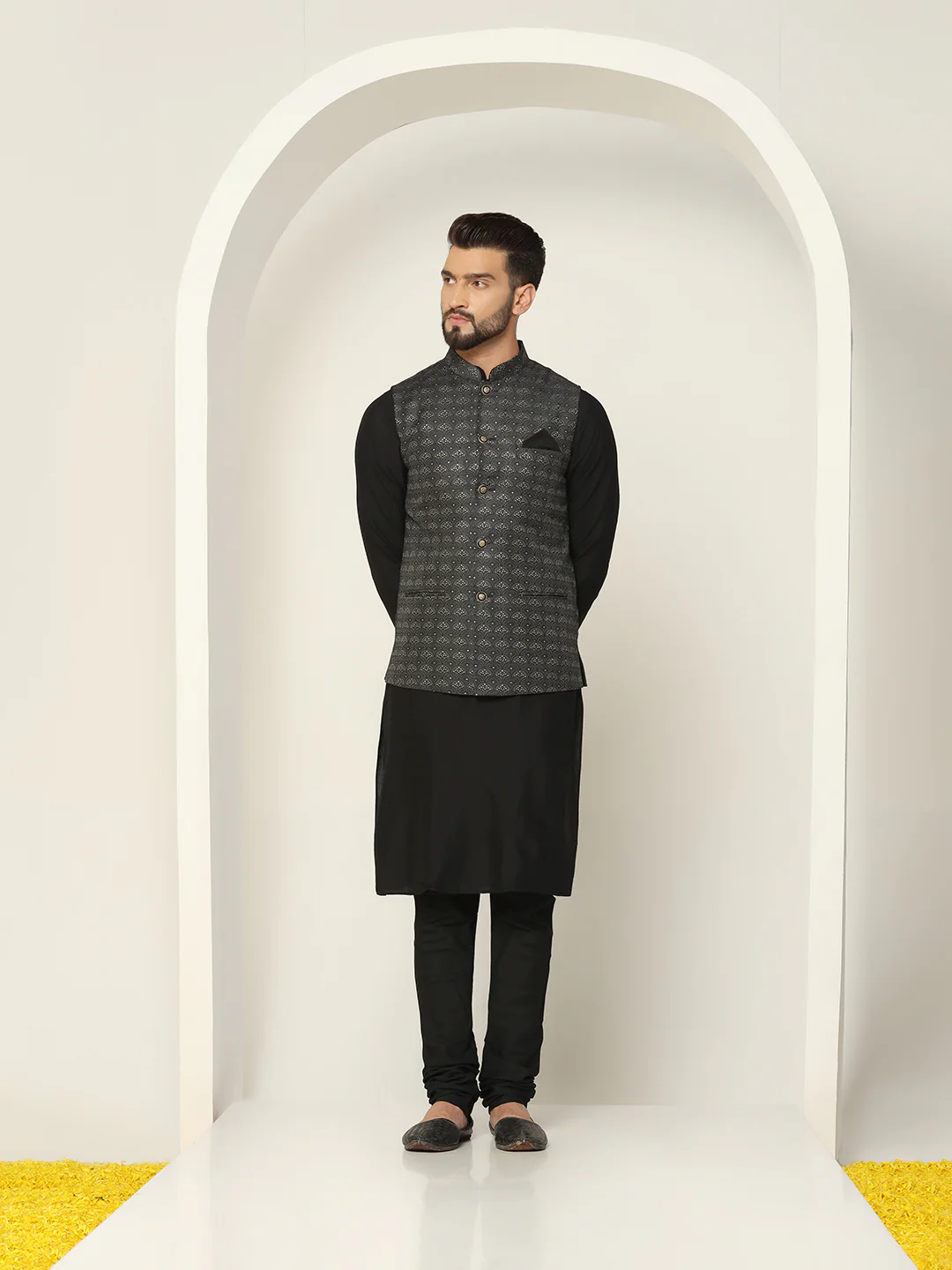Grey Jacquard Silk Blend Nehru Jacket Kurta Churidar Set