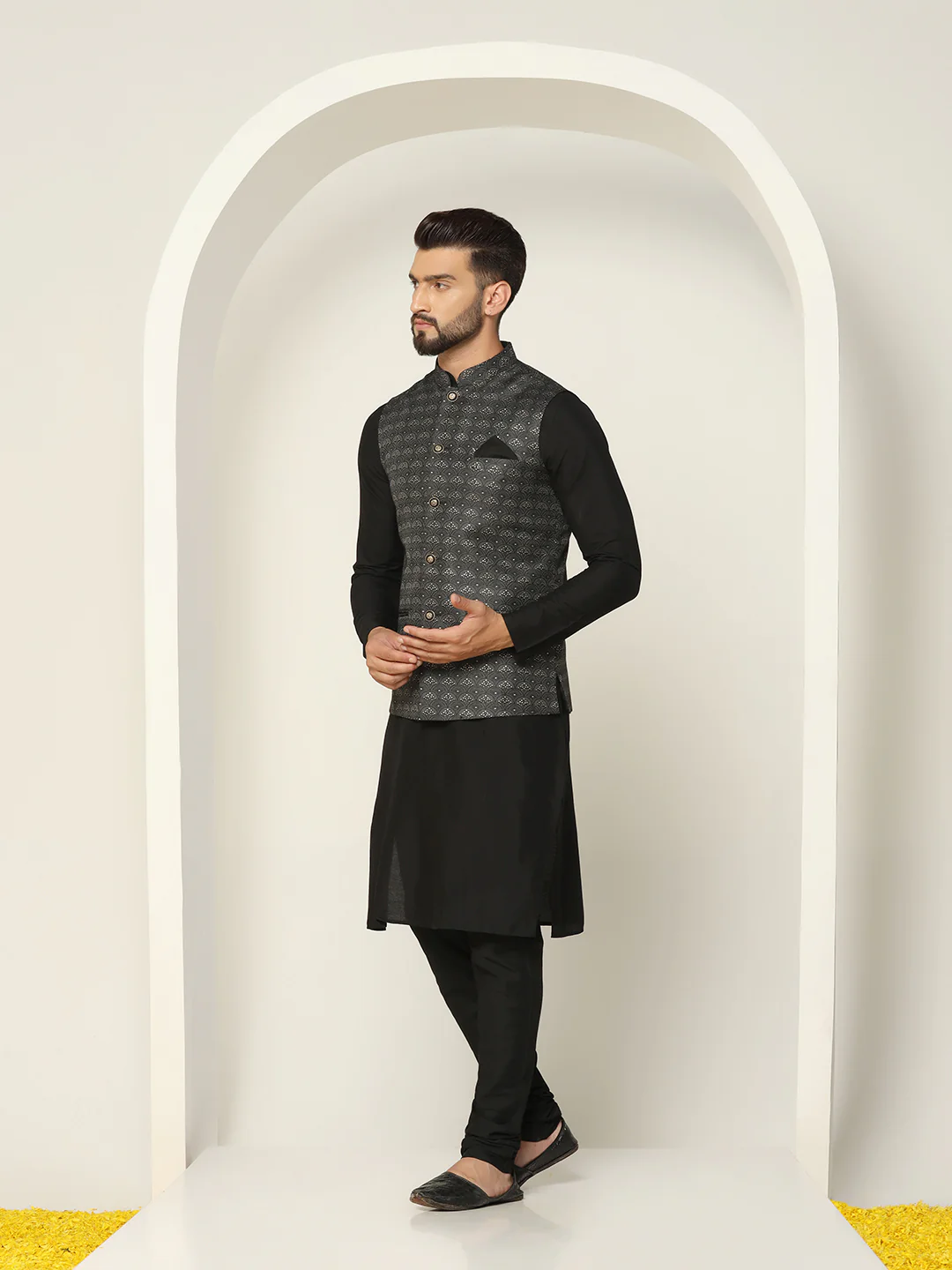Grey Jacquard Silk Blend Nehru Jacket Kurta Churidar Set - Image 3
