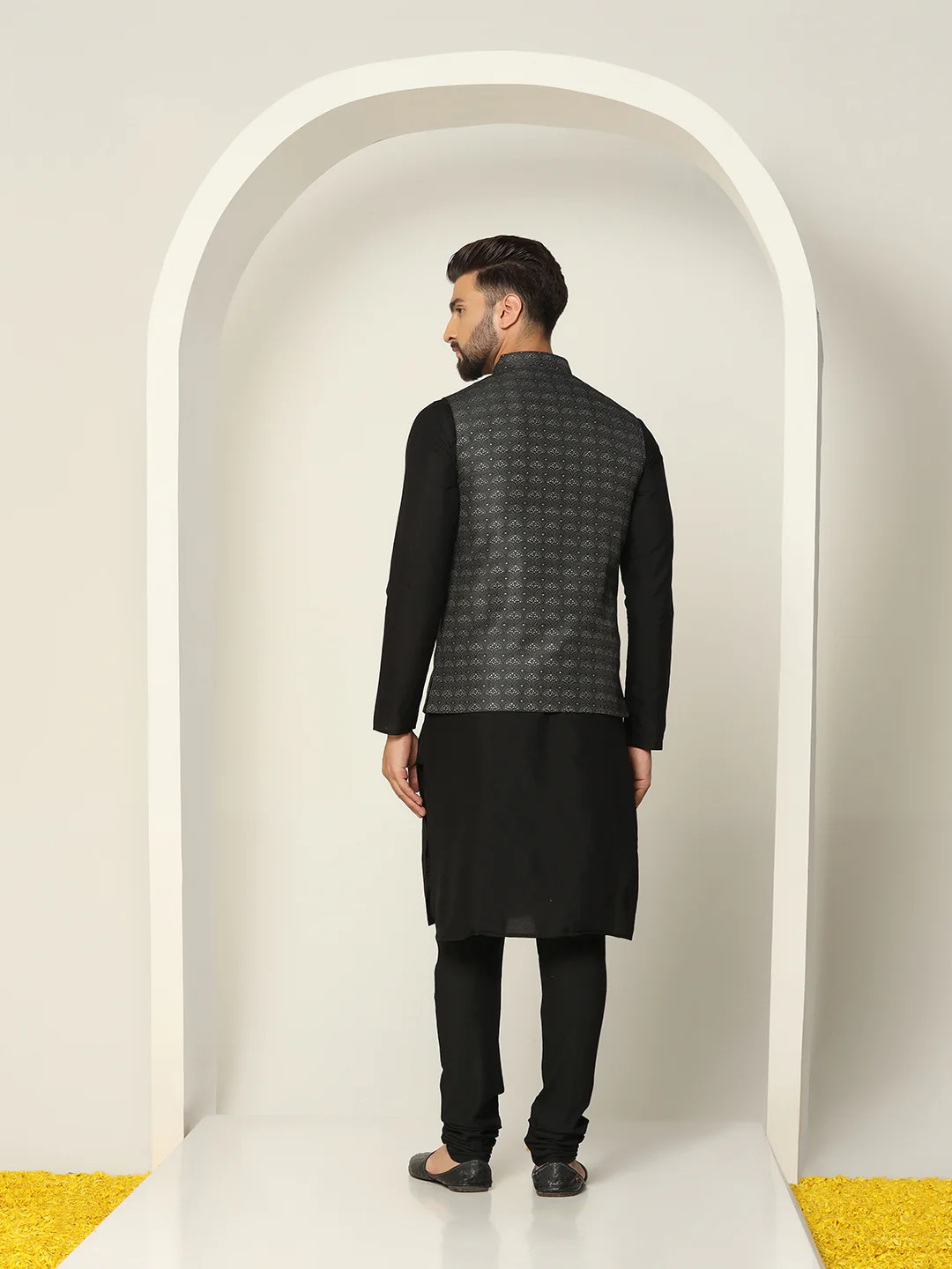 Grey Jacquard Silk Blend Nehru Jacket Kurta Churidar Set - Image 4