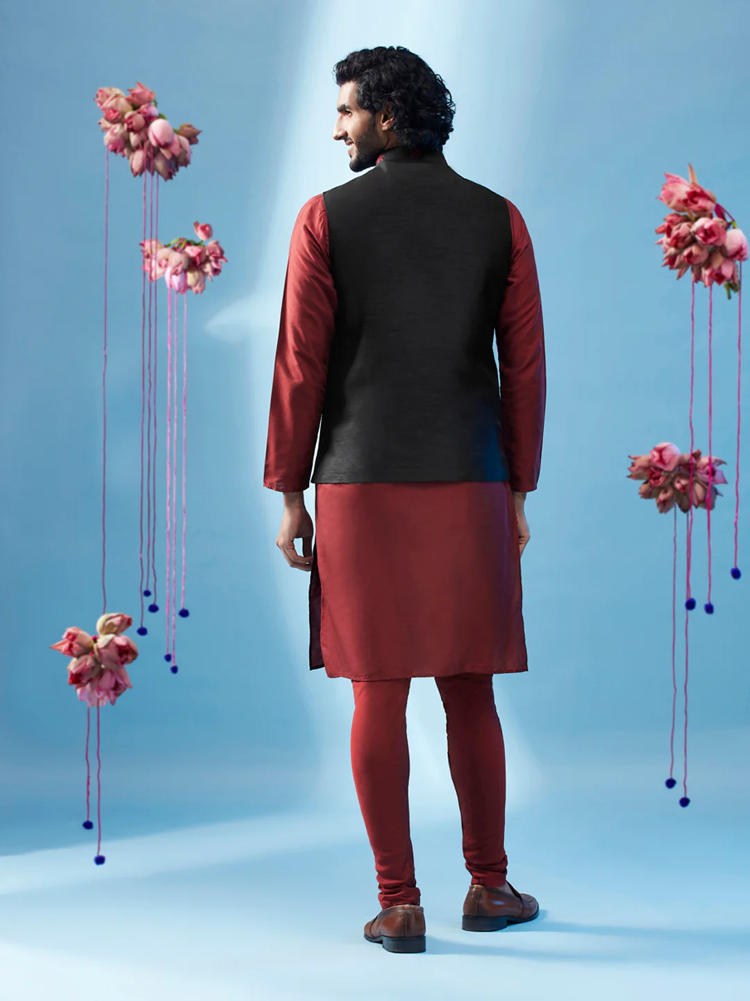 Maroon Cotton Embroidered Nehru Jacket Kurta Churidar - Image 4