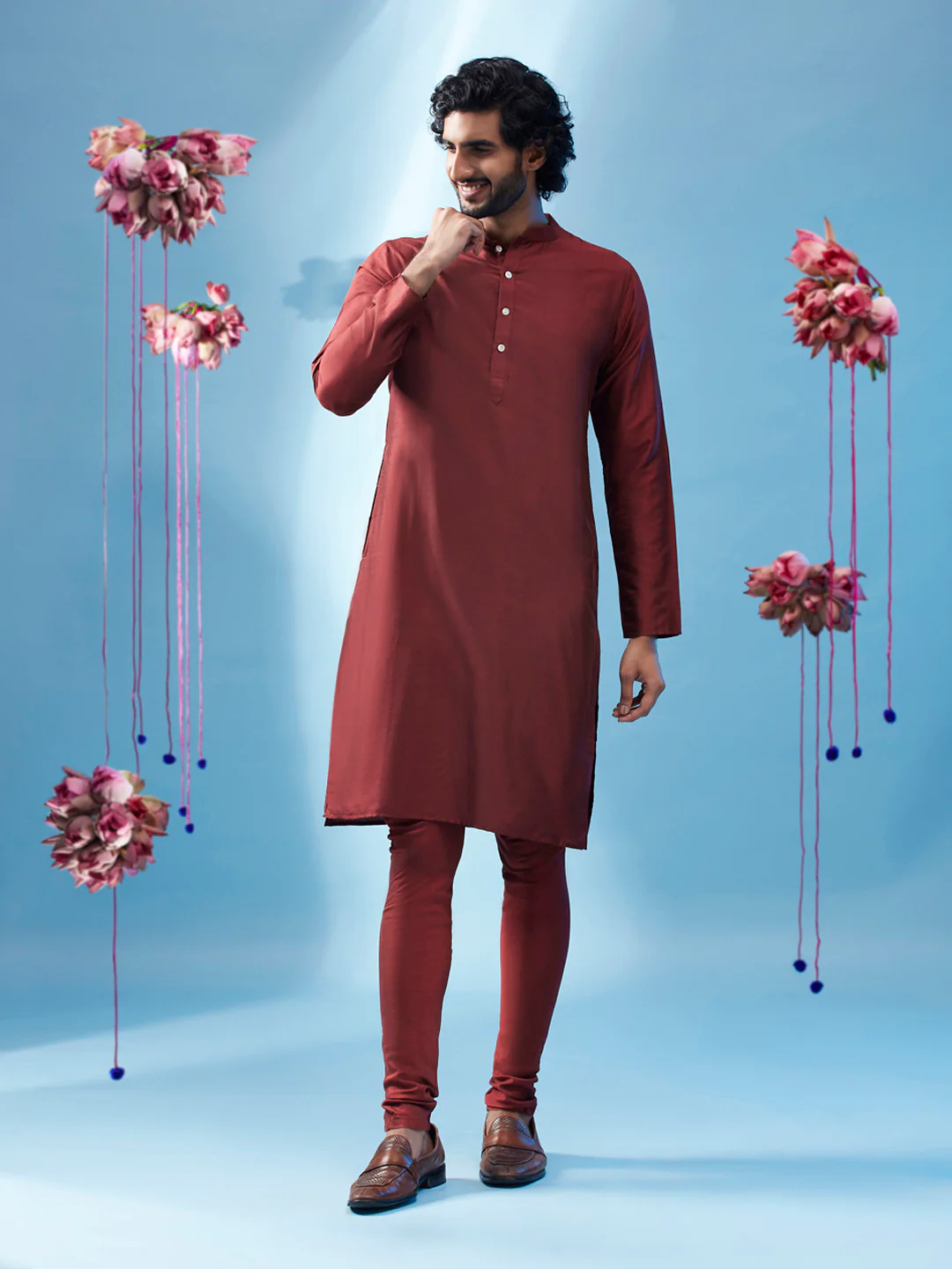 Maroon Cotton Embroidered Nehru Jacket Kurta Churidar - Image 5