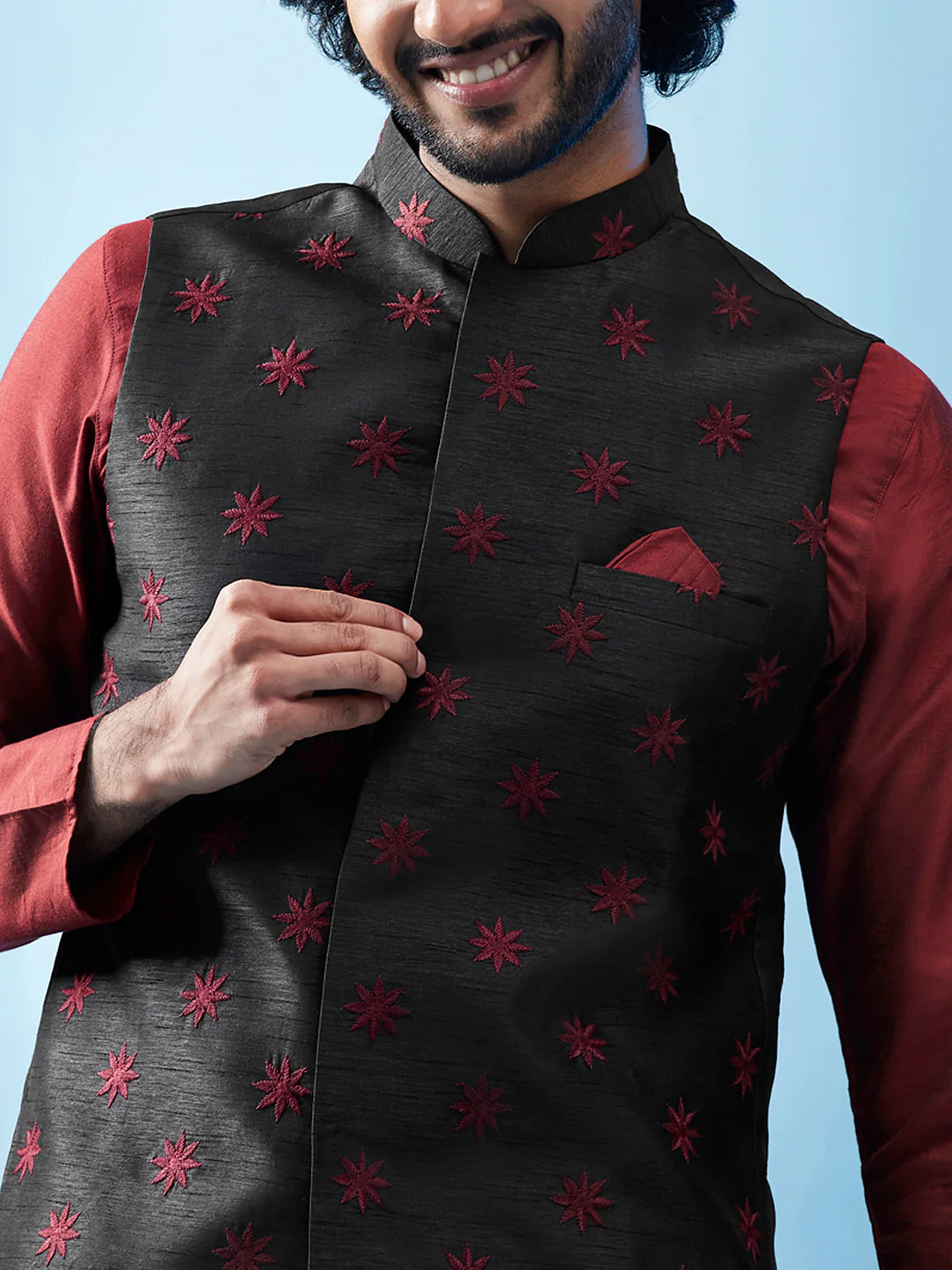 Maroon Cotton Embroidered Nehru Jacket Kurta Churidar - Image 6