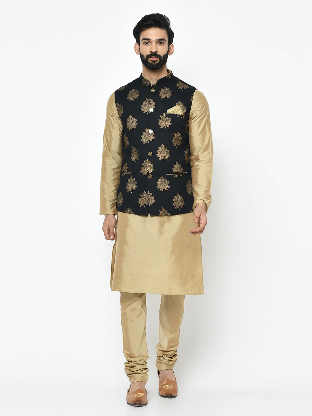 Black Jacket Gold Kurta Churidar Set