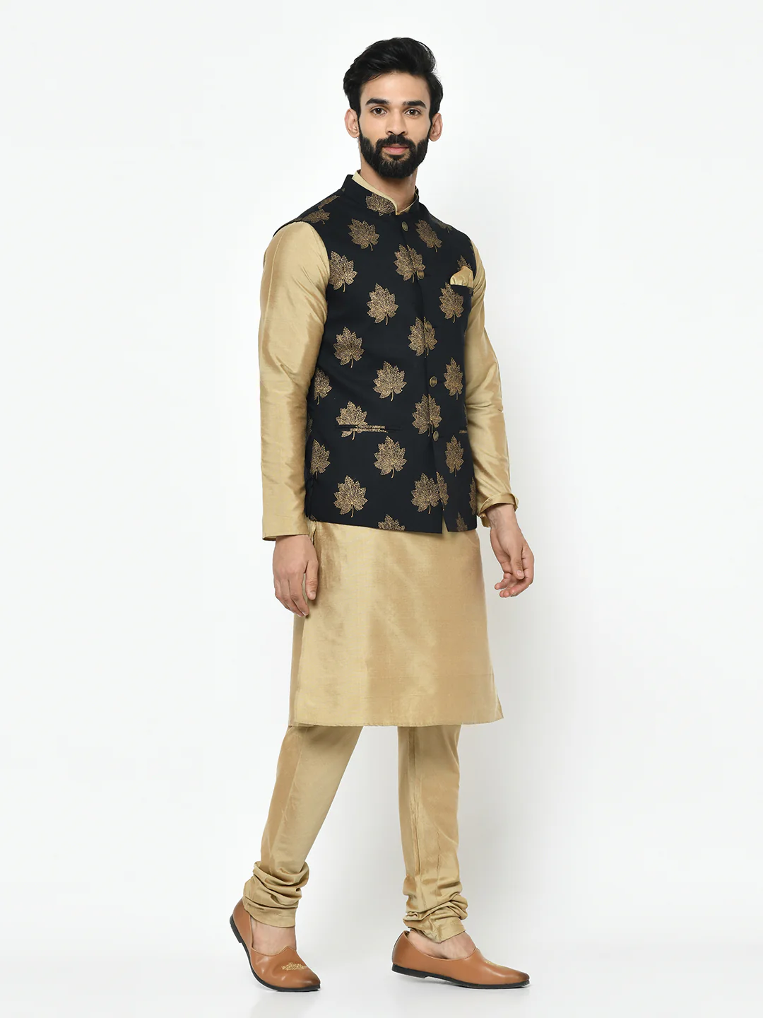 Black Jacket Gold Kurta Churidar Set - Image 2