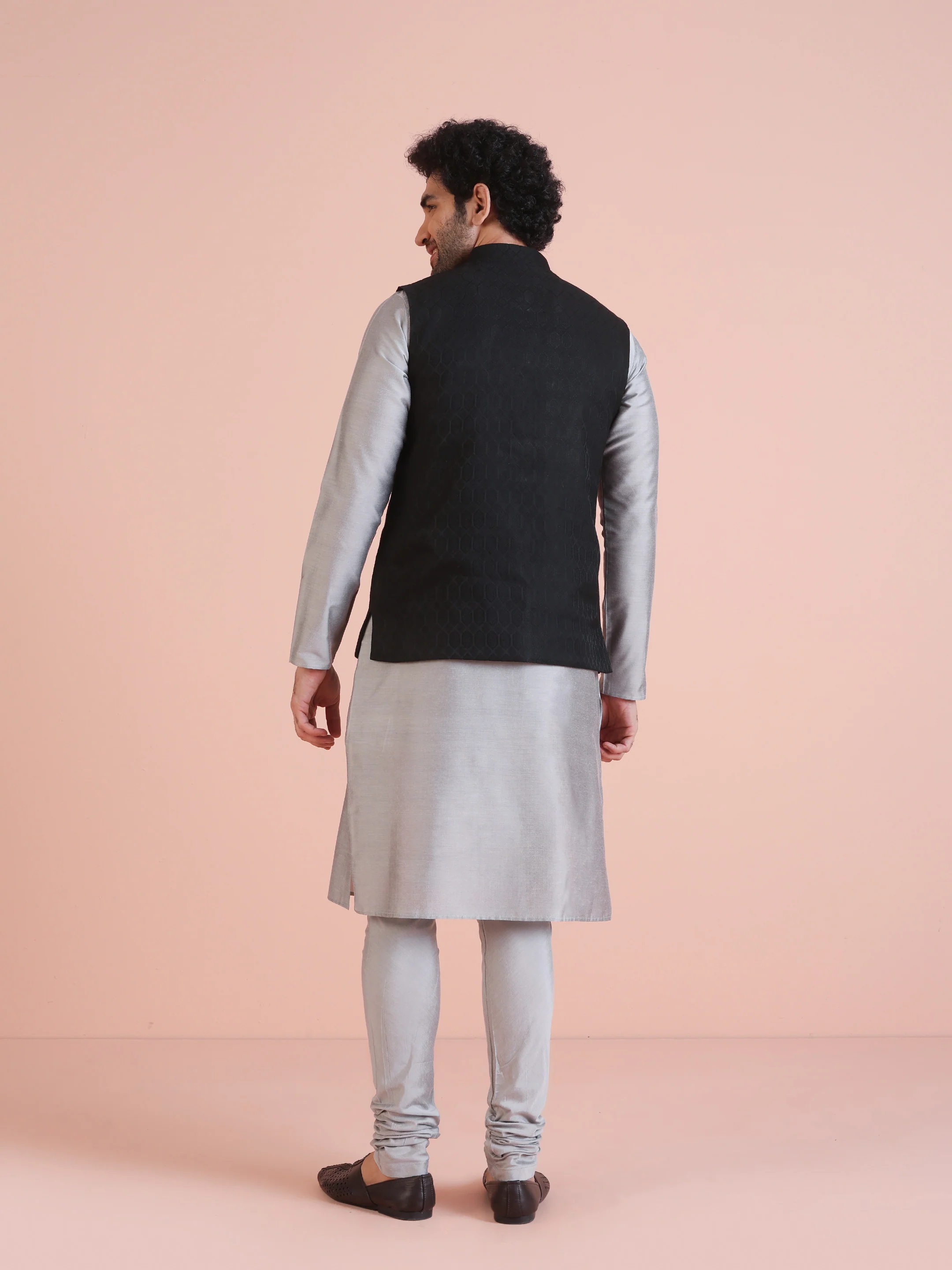 Black Grey Textured Jacket Kurta Churidar Set - Image 4