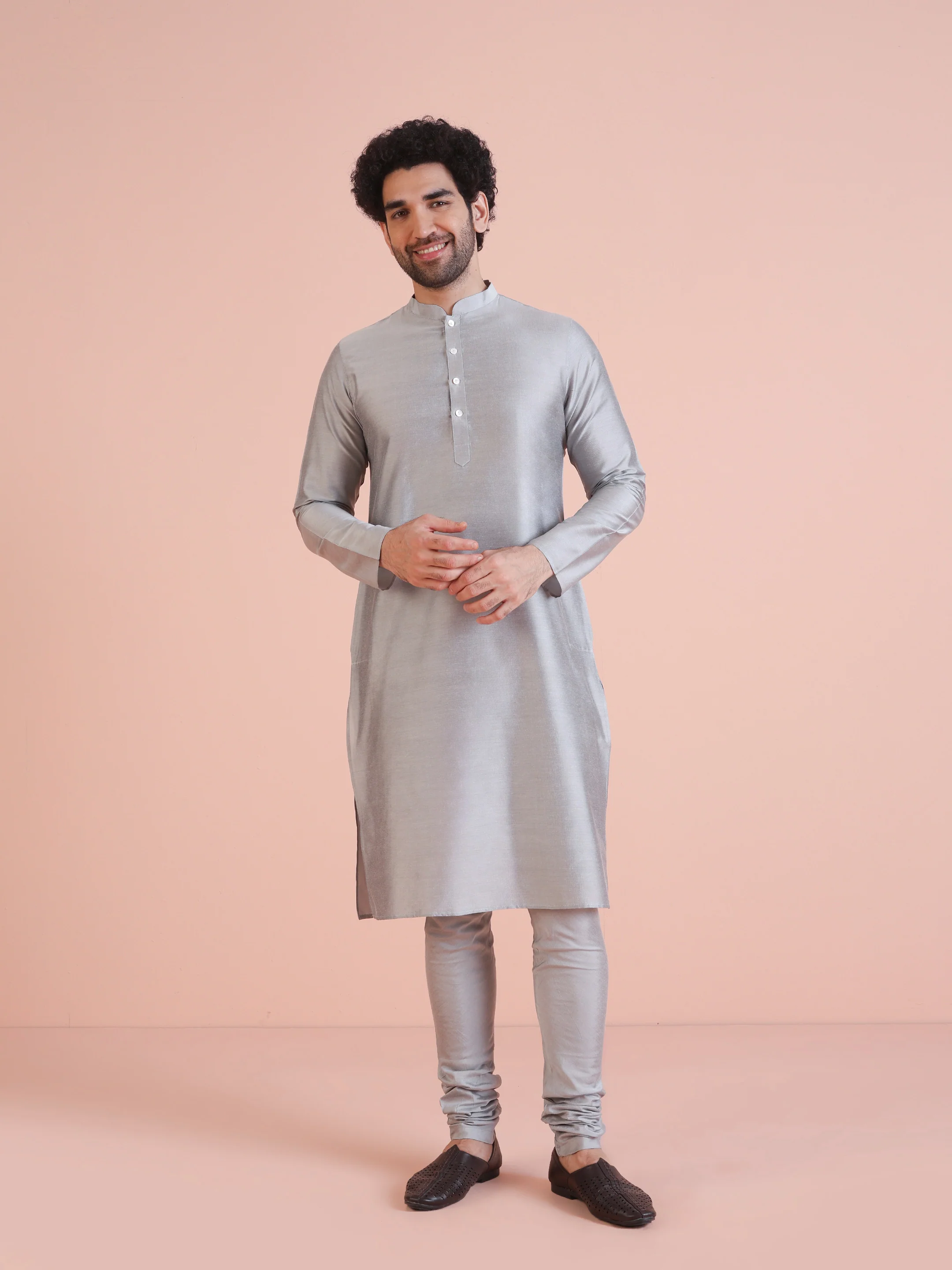 Black Grey Textured Jacket Kurta Churidar Set - Image 5
