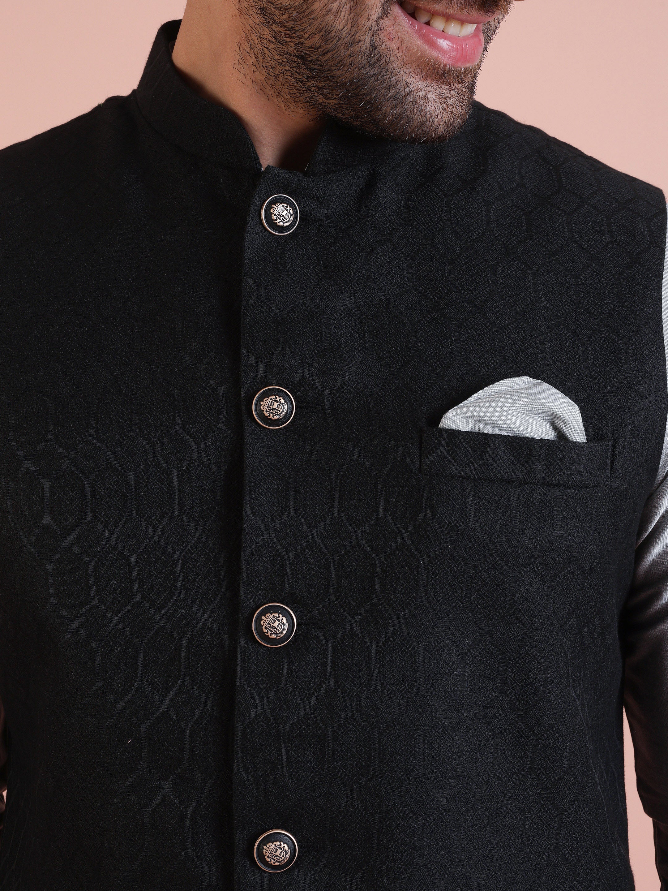 Black Grey Textured Jacket Kurta Churidar Set - Image 6