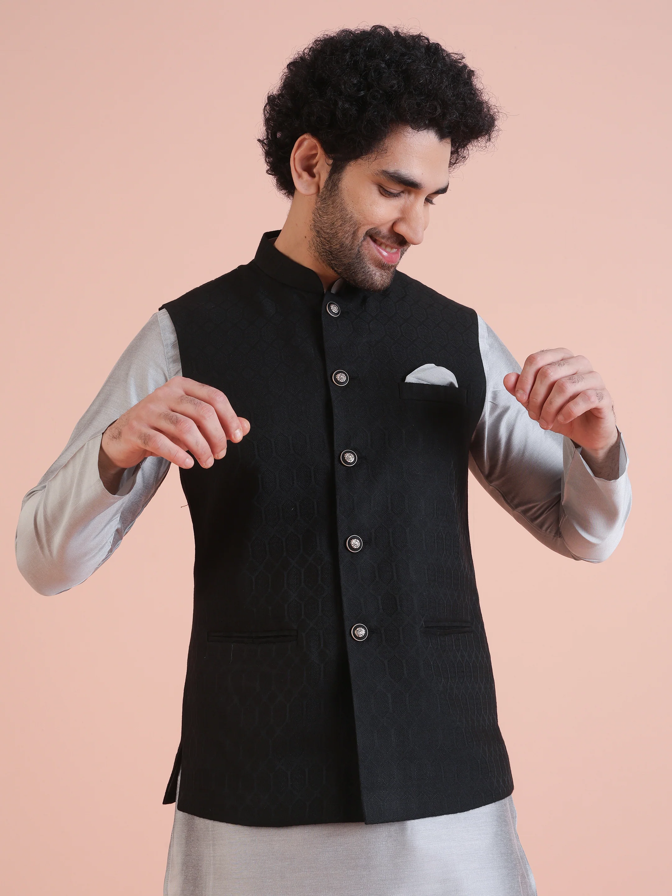 Black Grey Textured Jacket Kurta Churidar Set - Image 8