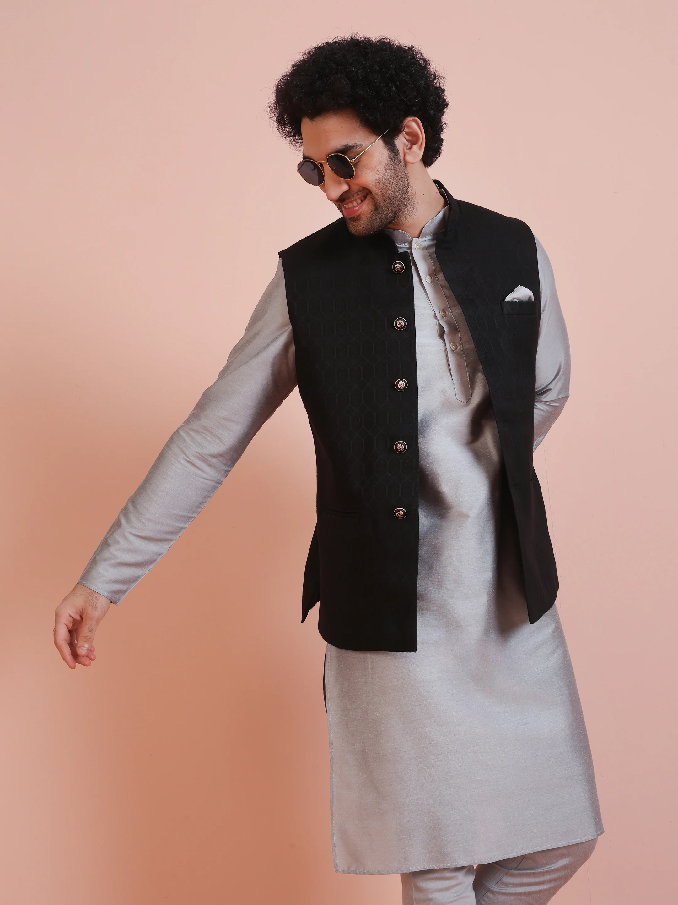 Black Grey Textured Jacket Kurta Churidar Set - Image 9