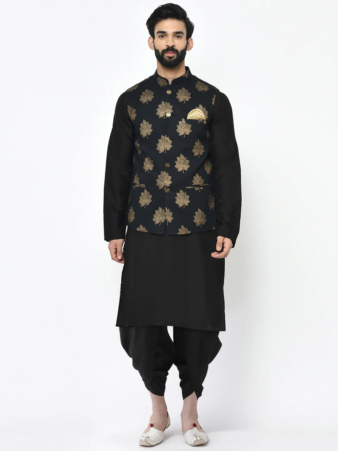 Men's Black Kurta Jacket Dhoti Set