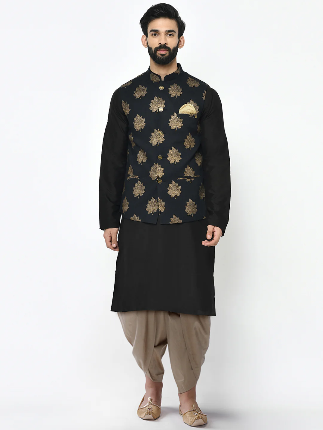 Men's Black Kurta Jacket Dhoti Set