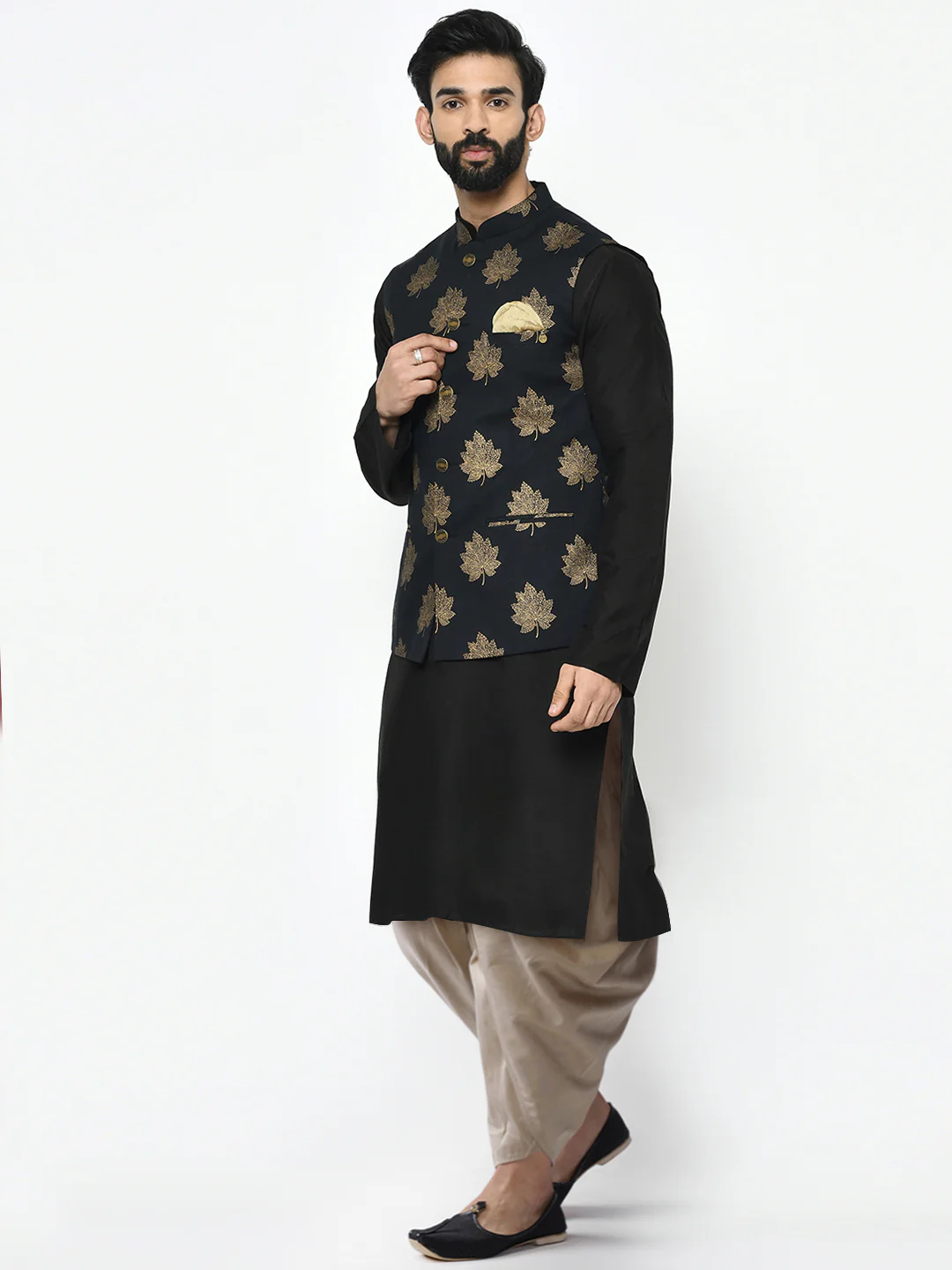 Men's Black Kurta Jacket Dhoti Set - Image 3