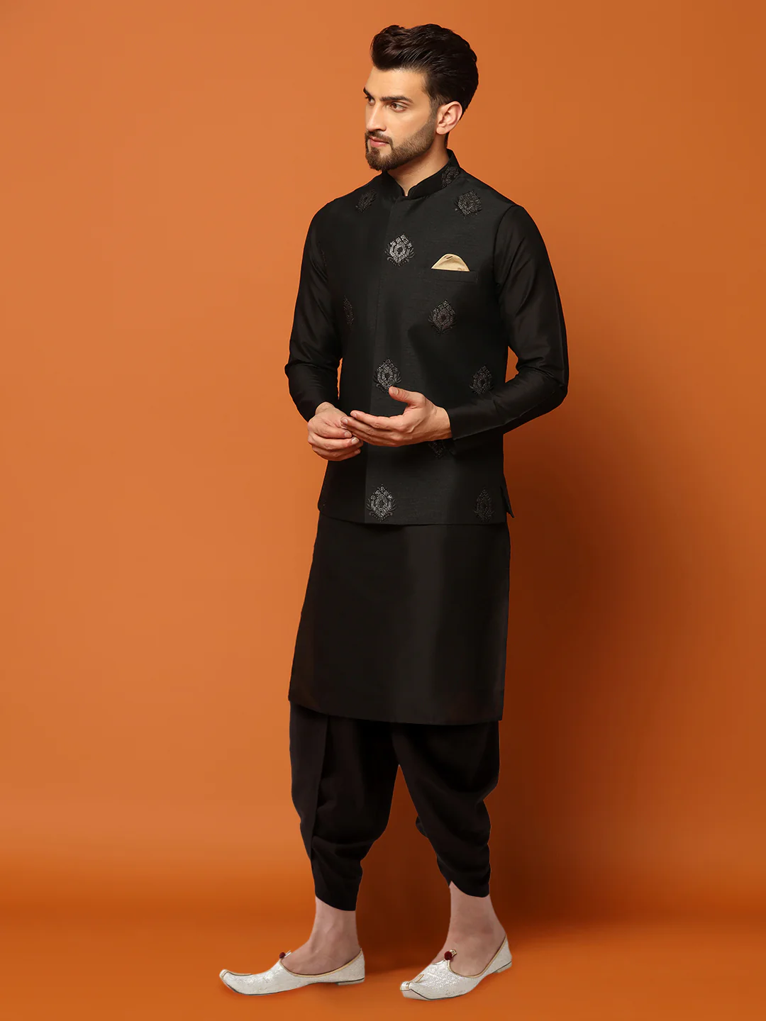 Black Silk Blend Embroidered Nehru Jacket Kurta Dhoti Set - Image 4