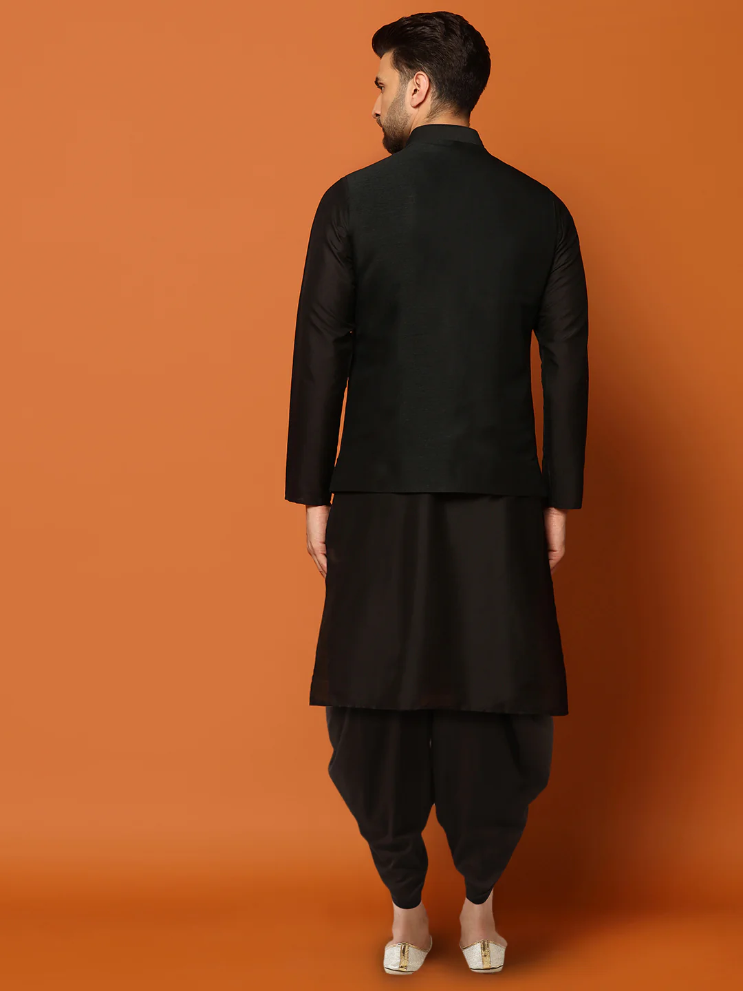 Black Silk Blend Embroidered Nehru Jacket Kurta Dhoti Set - Image 5