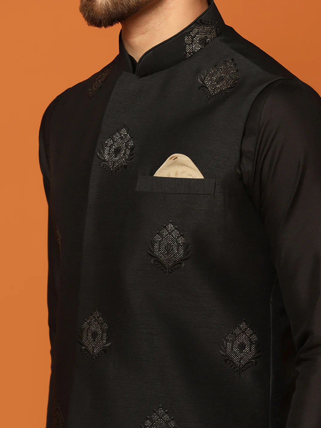 Black Silk Blend Embroidered Nehru Jacket Kurta Dhoti Set - Image 7