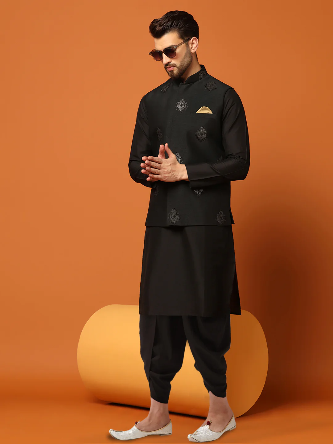 Black Silk Blend Embroidered Nehru Jacket Kurta Dhoti Set - Image 9
